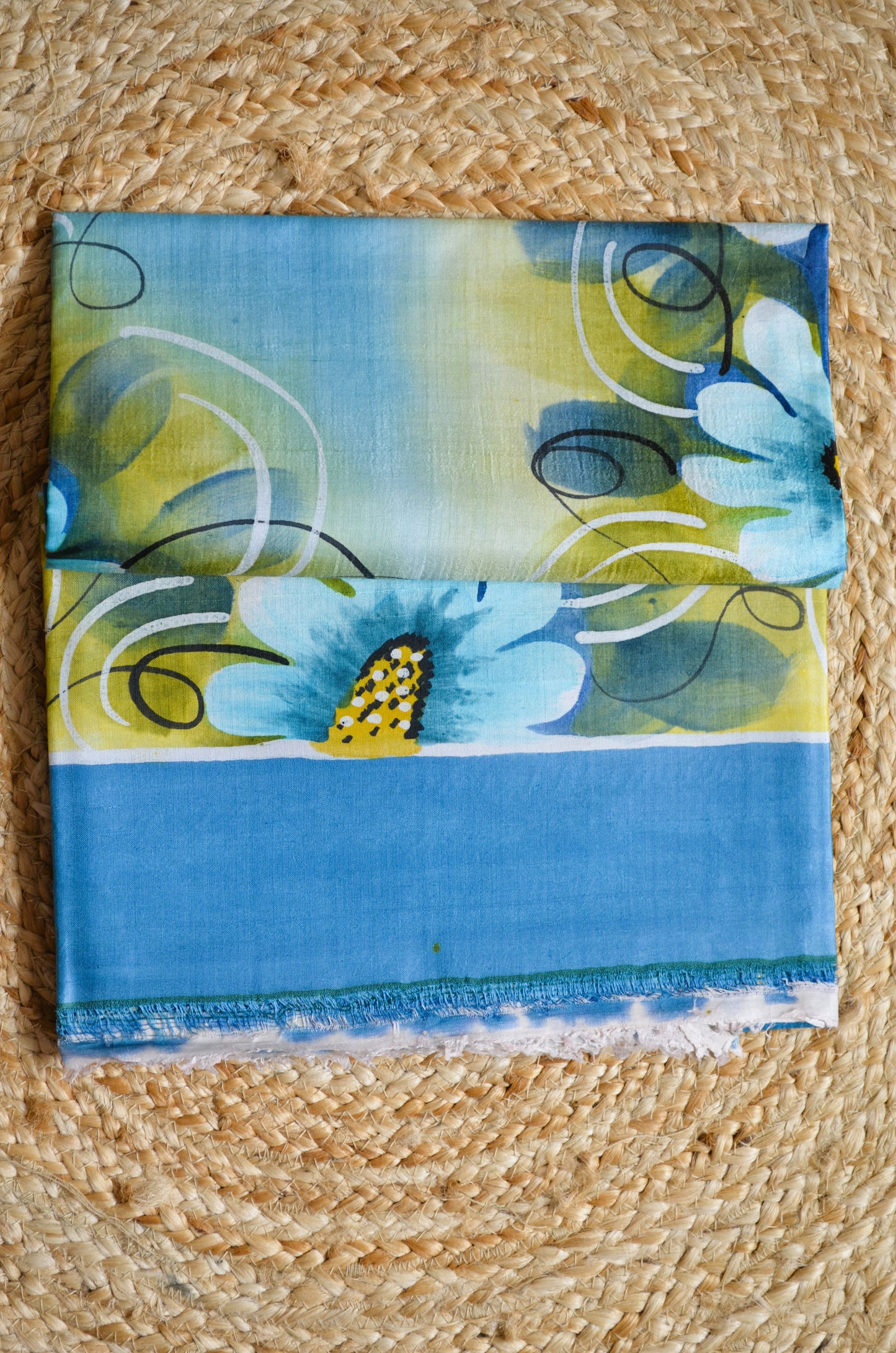 Teal Katan Handpainted Pure Silk Handloom Saree