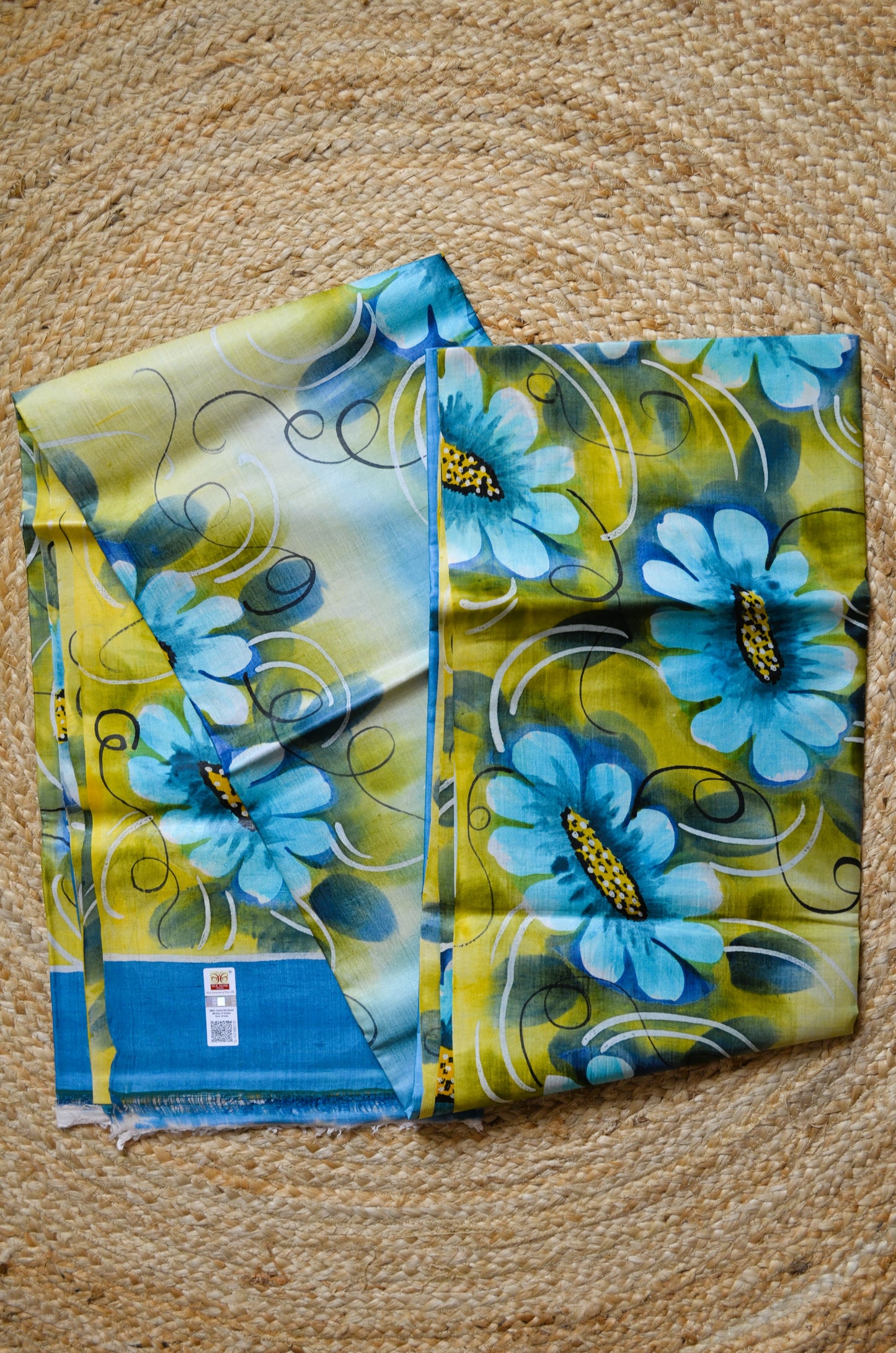 Teal Katan Handpainted Pure Silk Handloom Saree