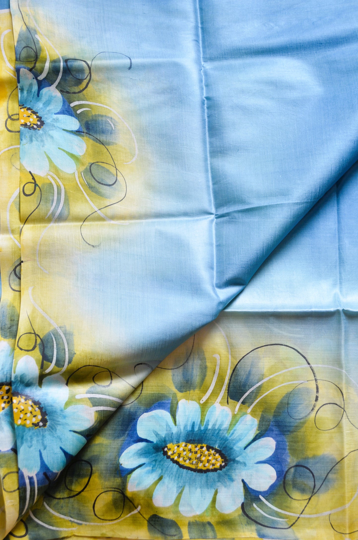 Teal Katan Handpainted Pure Silk Handloom Saree