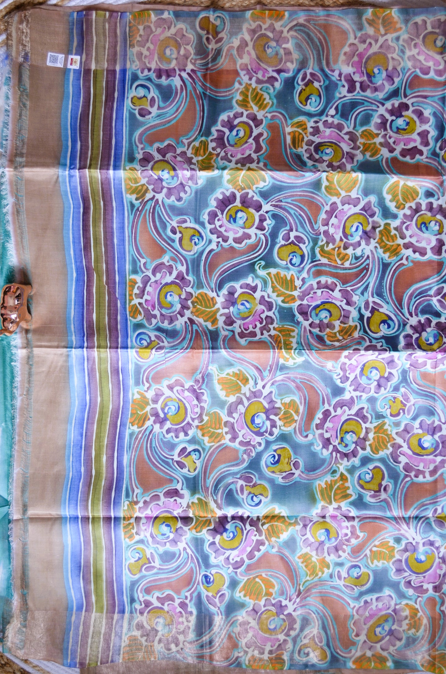 Sea Green Katan Handpainted Pure Silk Handloom Saree