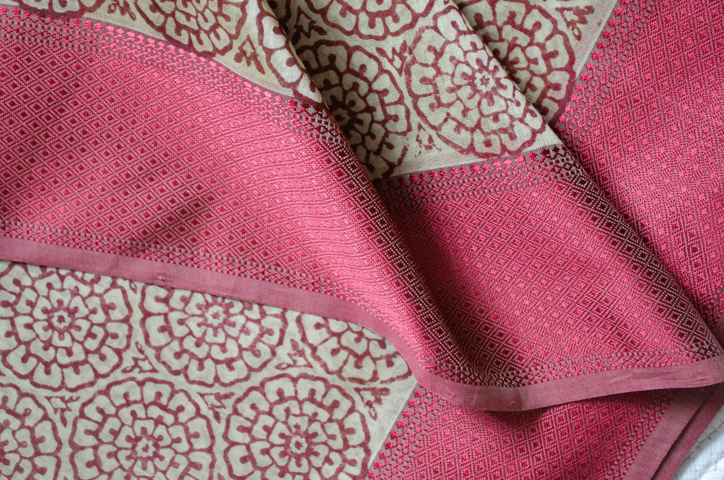 Beige Red Block Print Pure Silk Handloom Saree