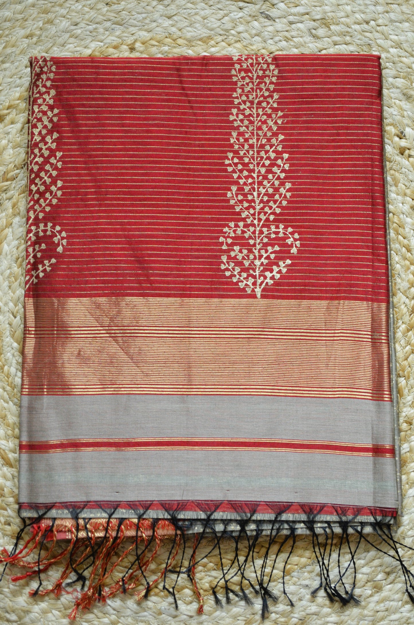 Beige Maroon Block Print Pure Silk Handloom Saree