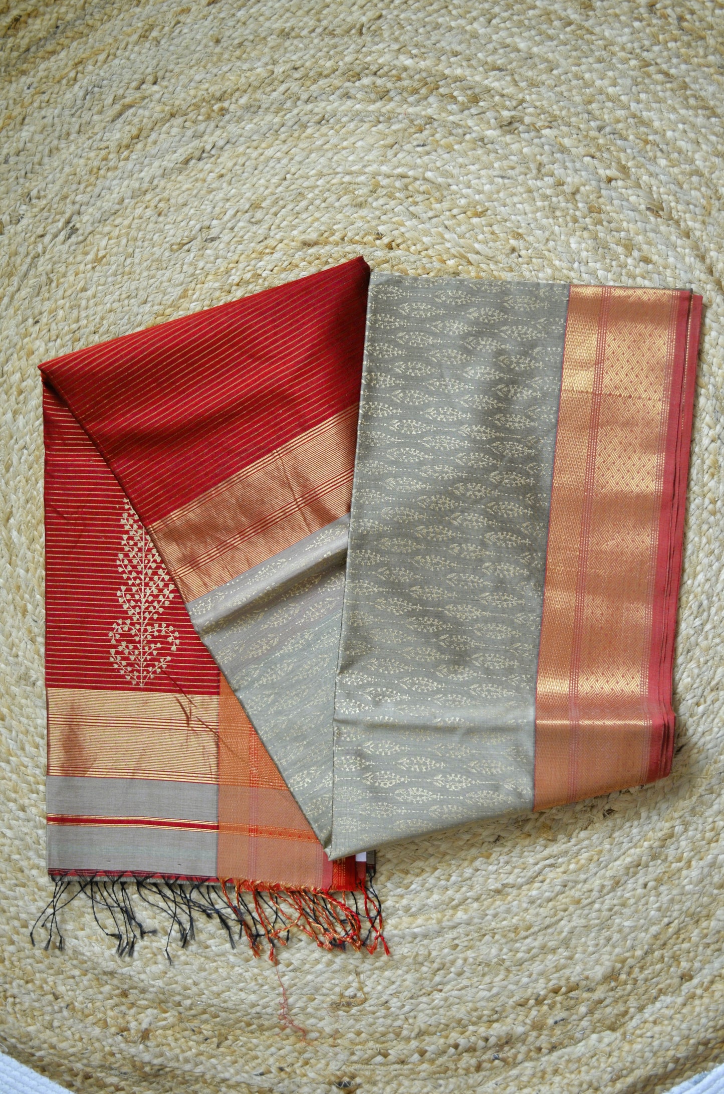 Beige Maroon Block Print Pure Silk Handloom Saree
