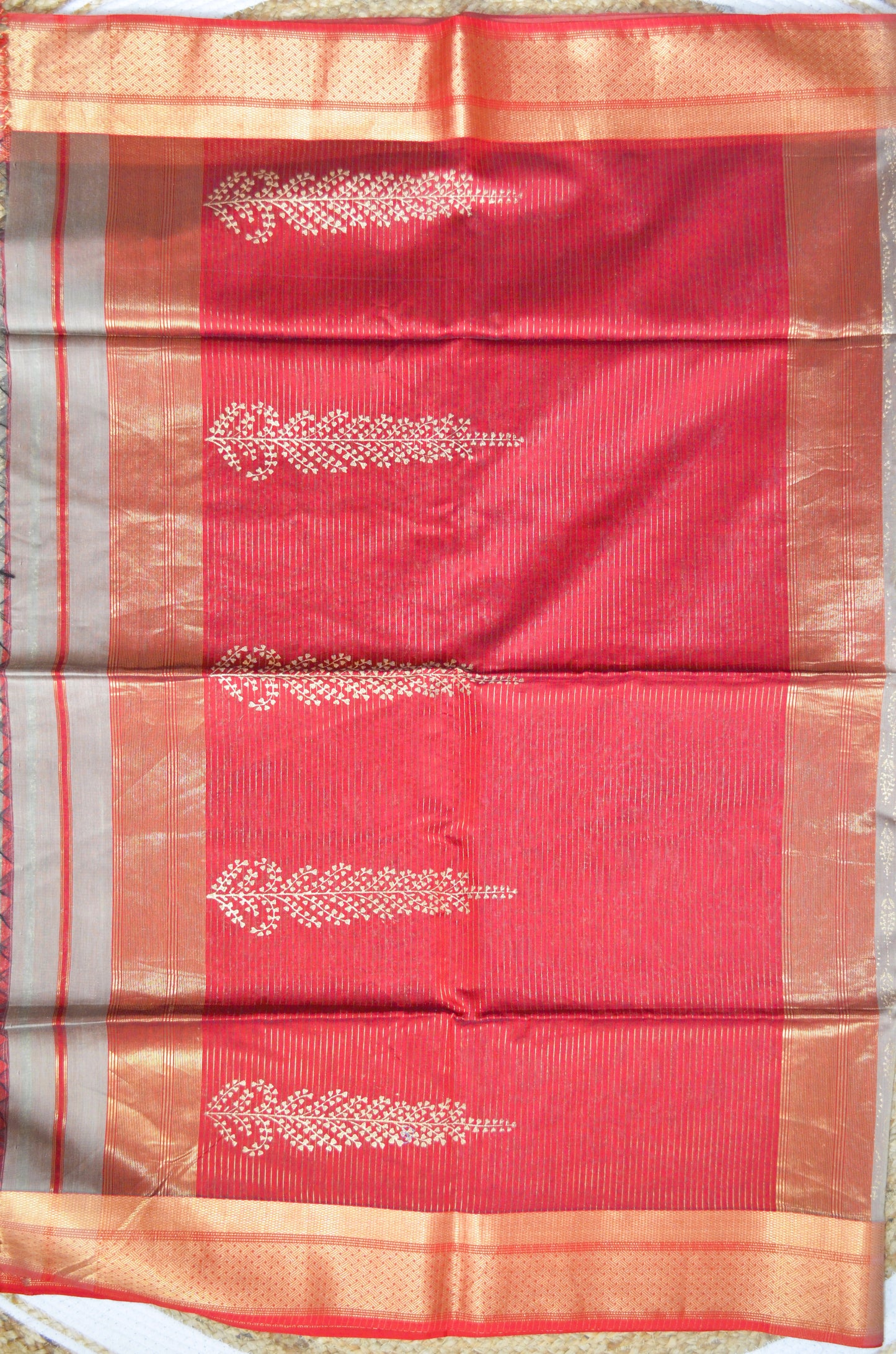 Beige Maroon Block Print Pure Silk Handloom Saree