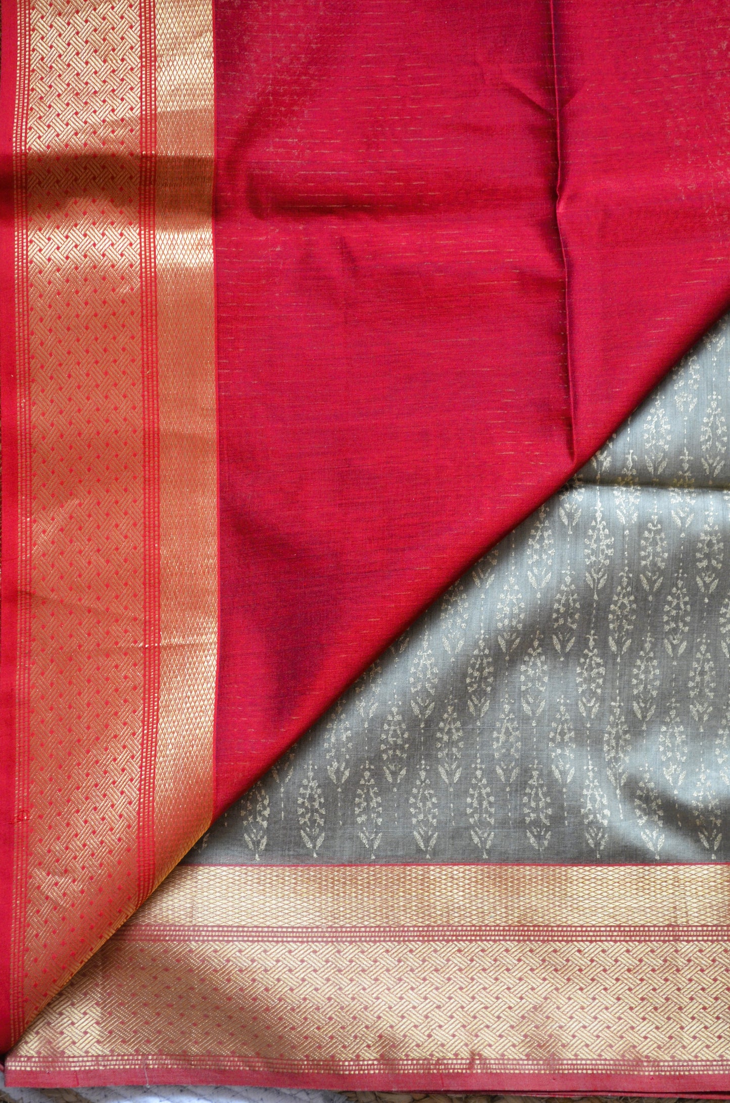 Beige Maroon Block Print Pure Silk Handloom Saree