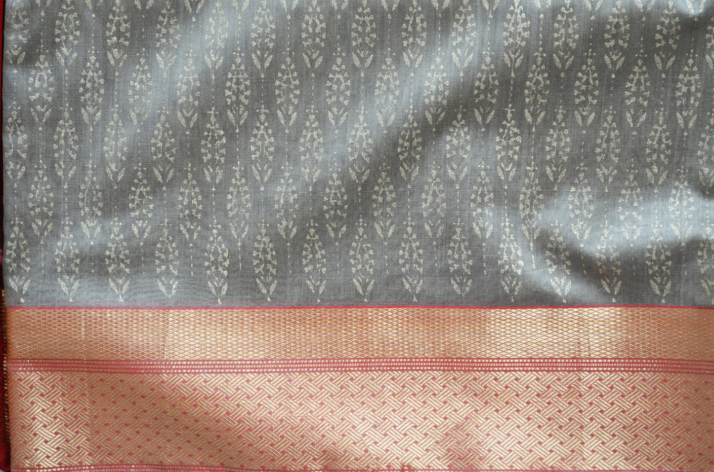 Beige Maroon Block Print Pure Silk Handloom Saree