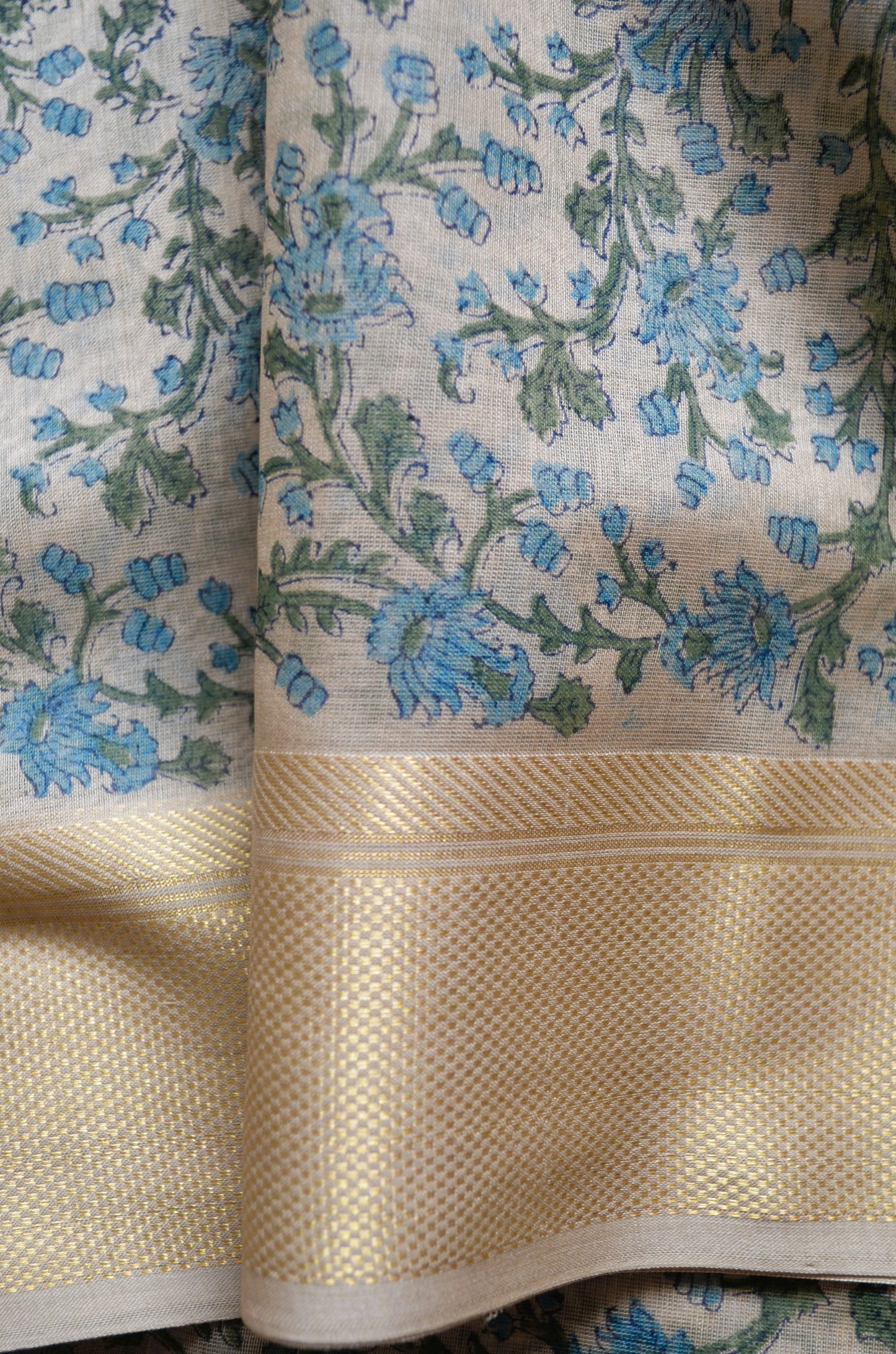 Beige Teal Block Print Pure Silk Handloom Saree