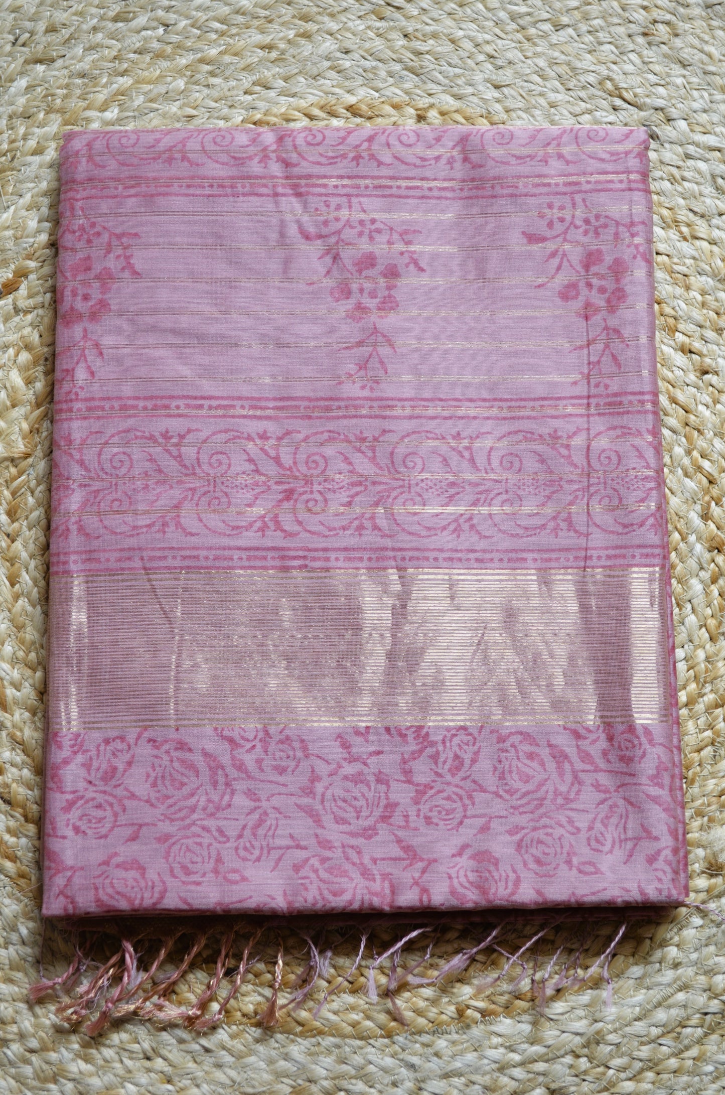 Mauve Block Print Pure Silk Handloom Saree