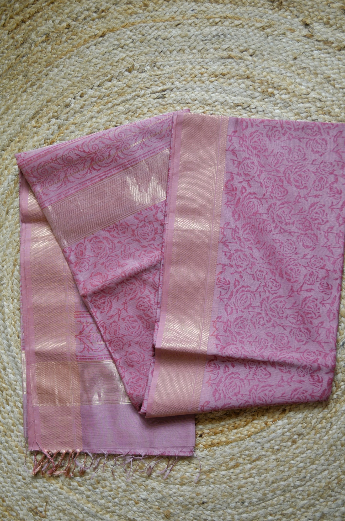 Mauve Block Print Pure Silk Handloom Saree