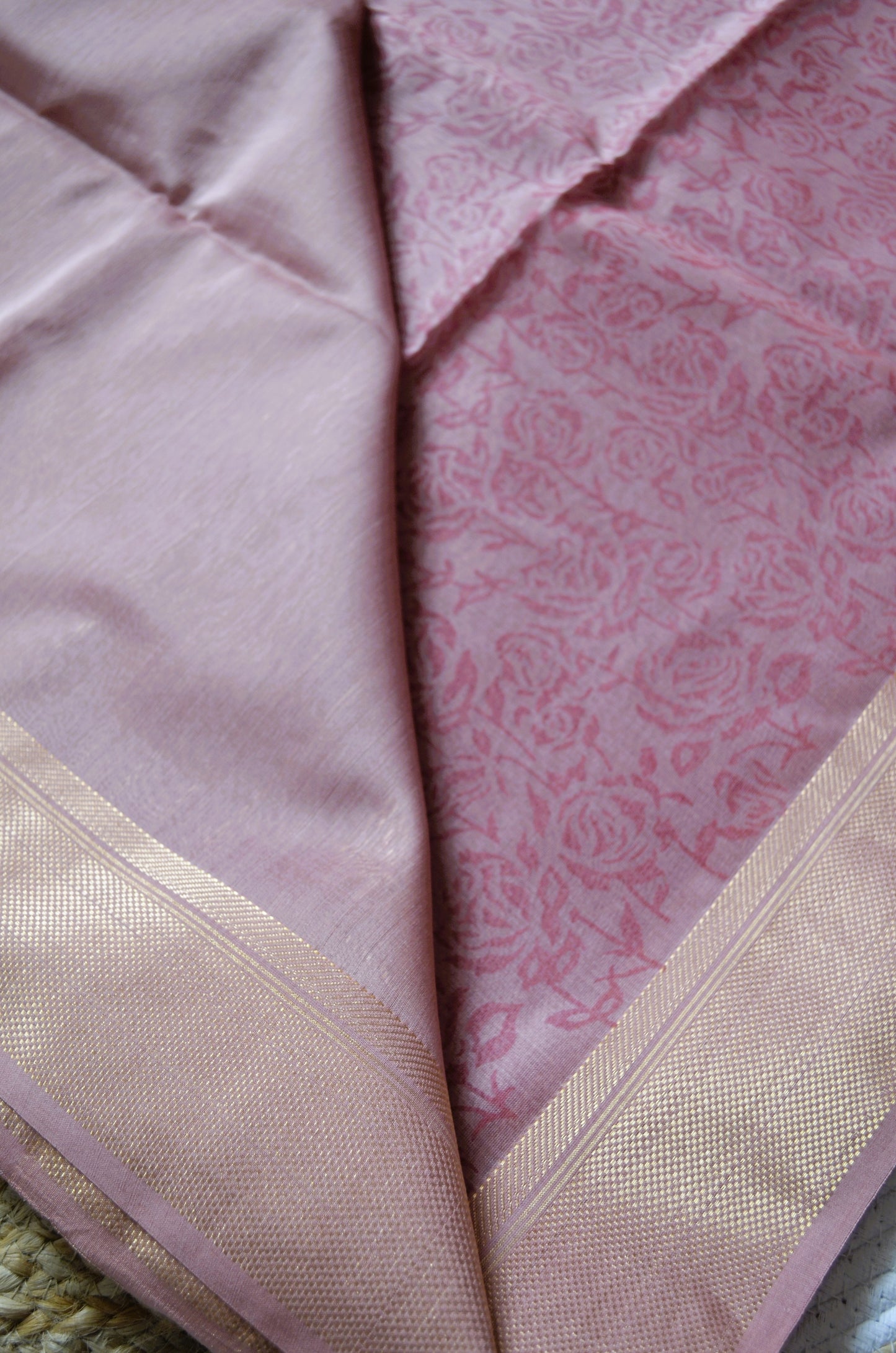 Mauve Block Print Pure Silk Handloom Saree