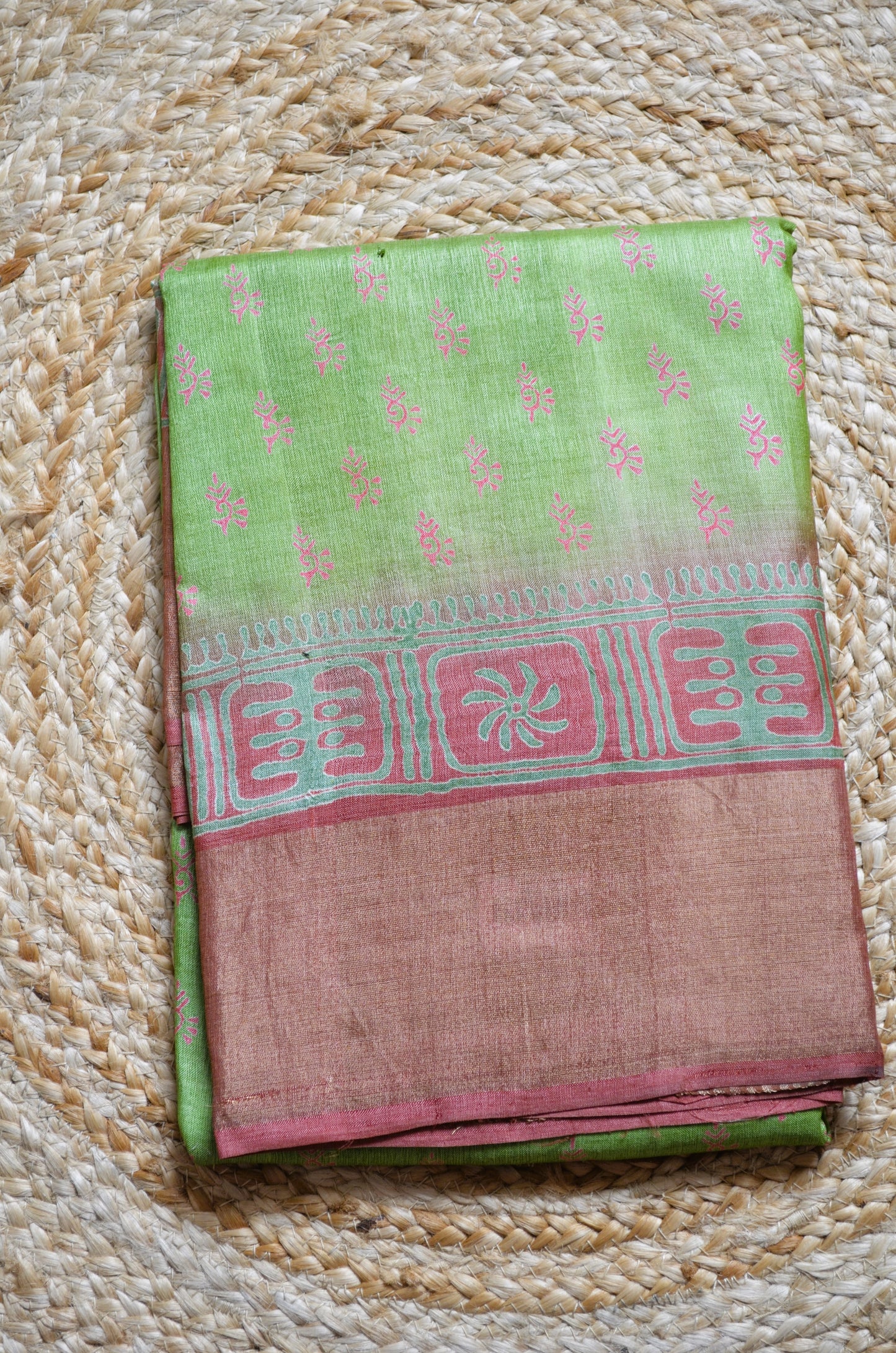 Olive Tussar Pure Silk Handloom Saree with Block Print