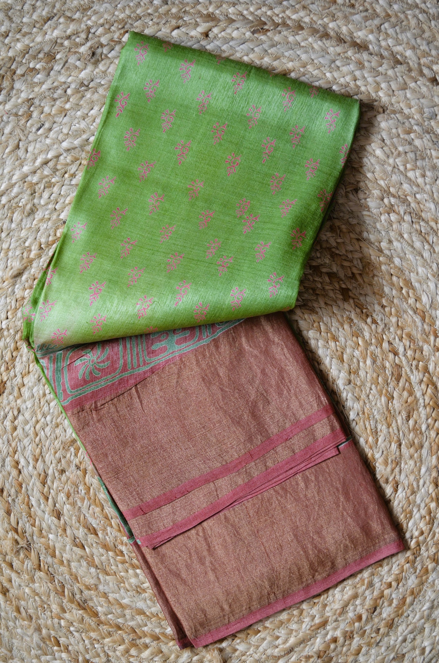 Olive Tussar Pure Silk Handloom Saree with Block Print