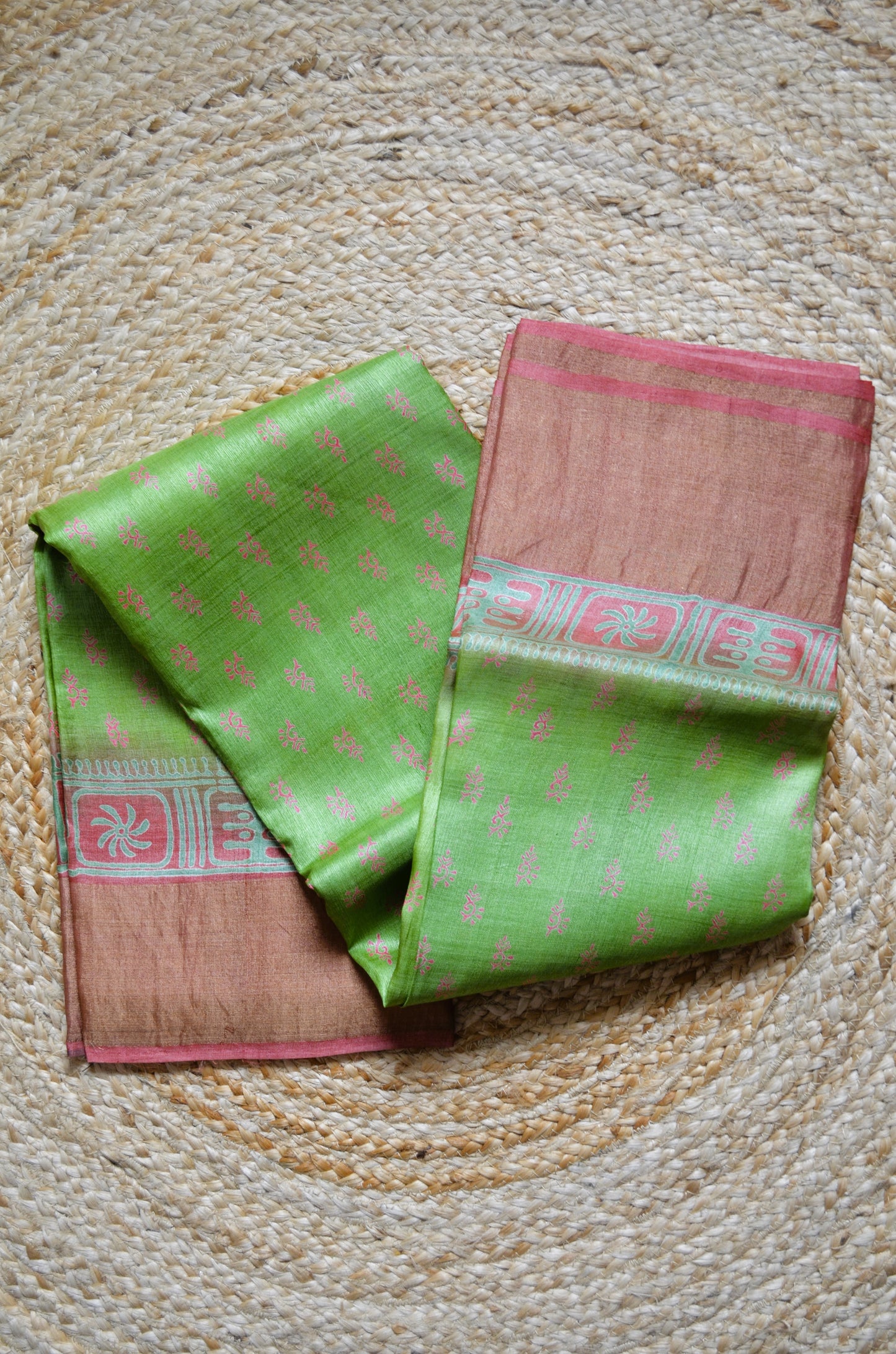 Olive Tussar Pure Silk Handloom Saree with Block Print