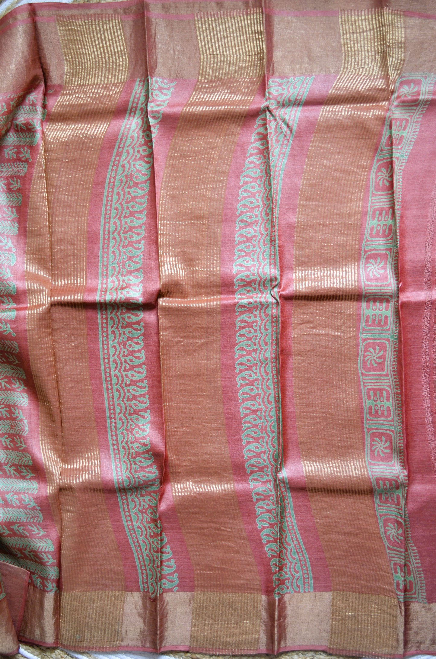 Olive Tussar Pure Silk Handloom Saree with Block Print