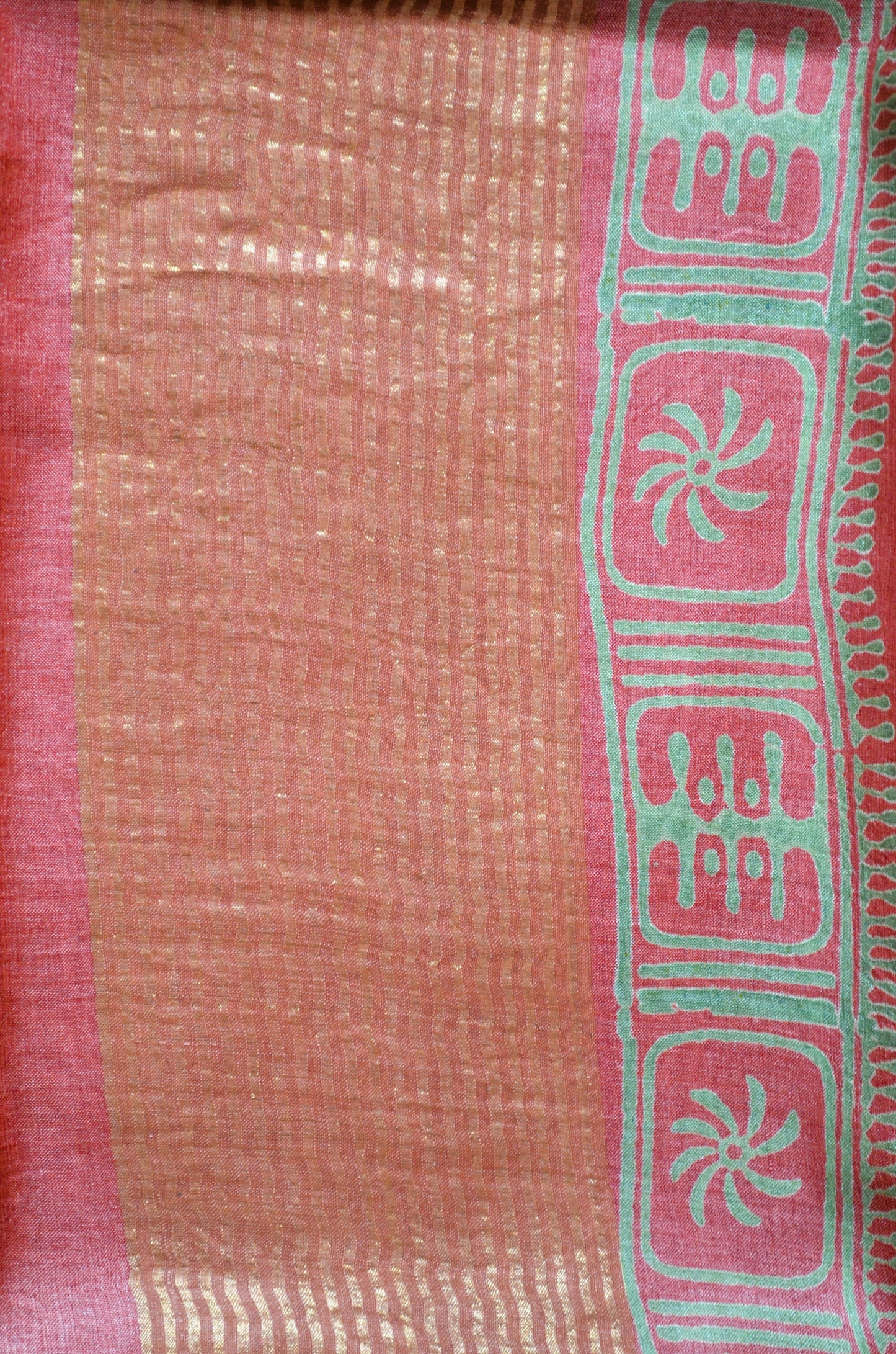 Olive Tussar Pure Silk Handloom Saree with Block Print