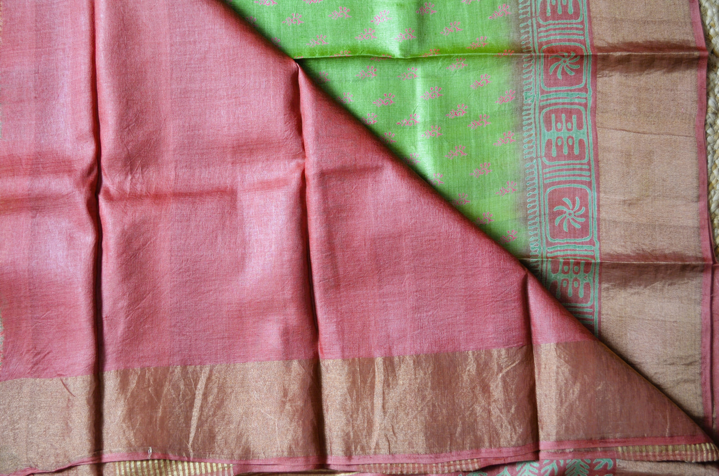 Olive Tussar Pure Silk Handloom Saree with Block Print