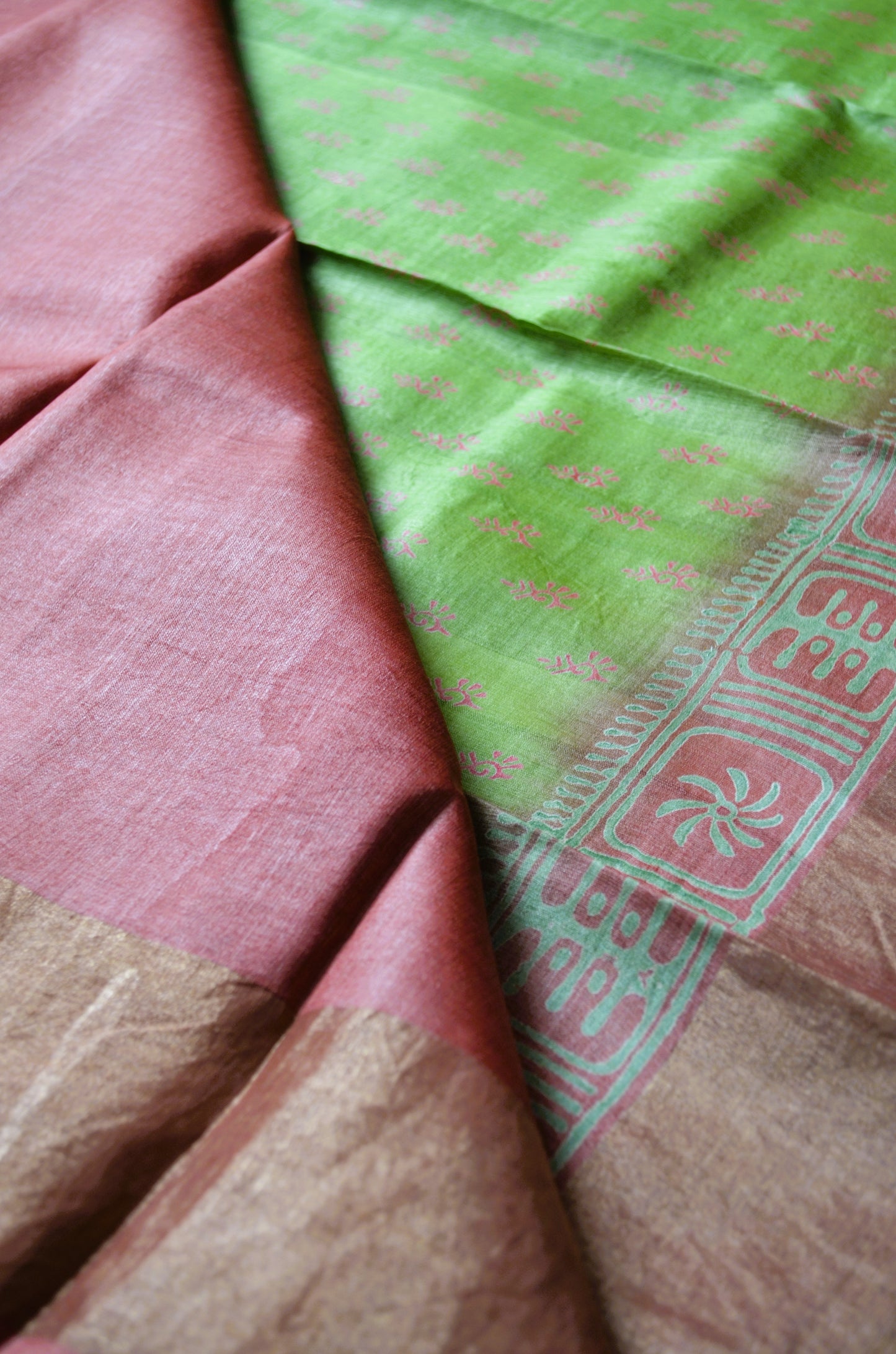 Olive Tussar Pure Silk Handloom Saree with Block Print
