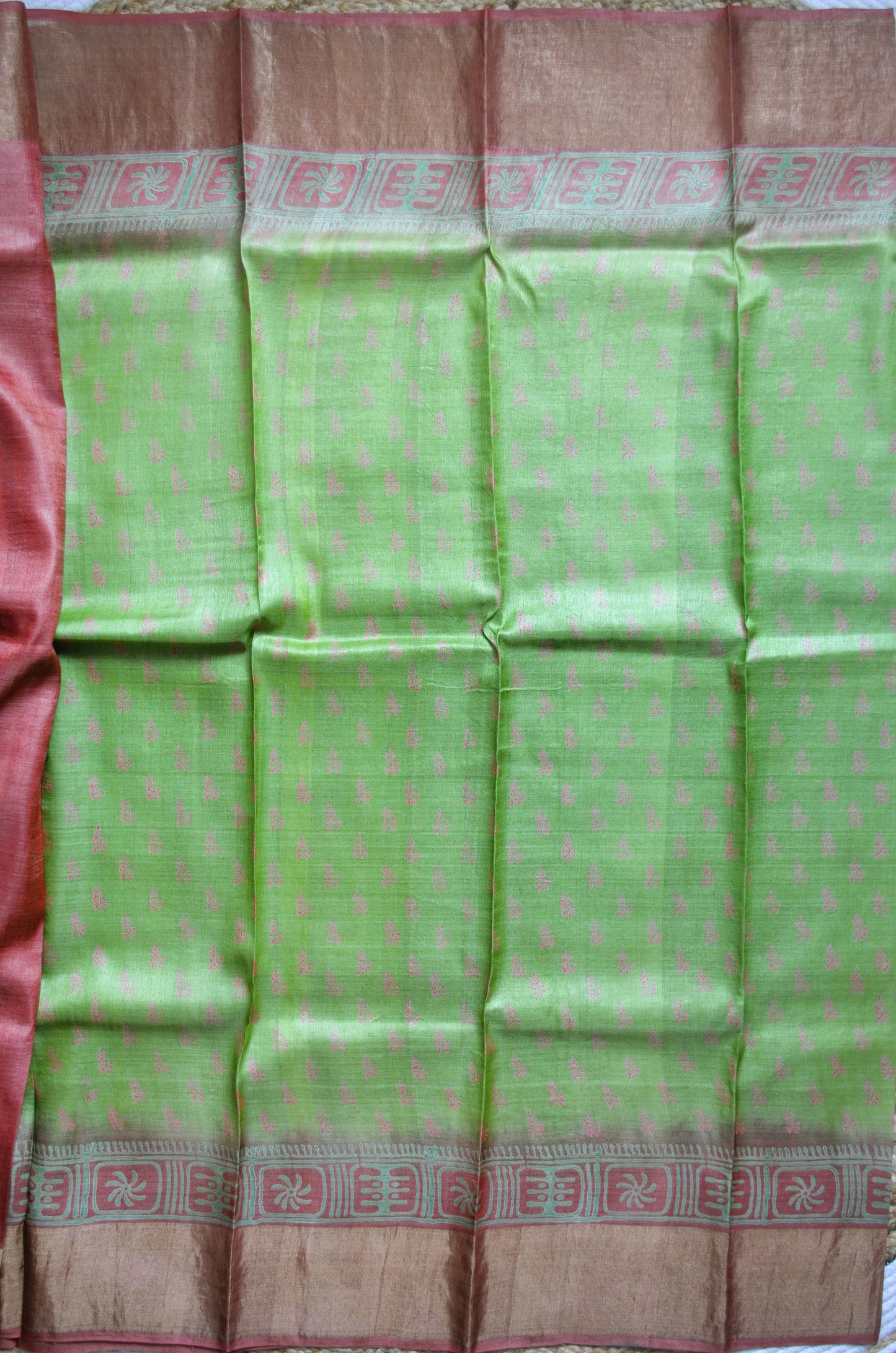 Olive Tussar Pure Silk Handloom Saree with Block Print