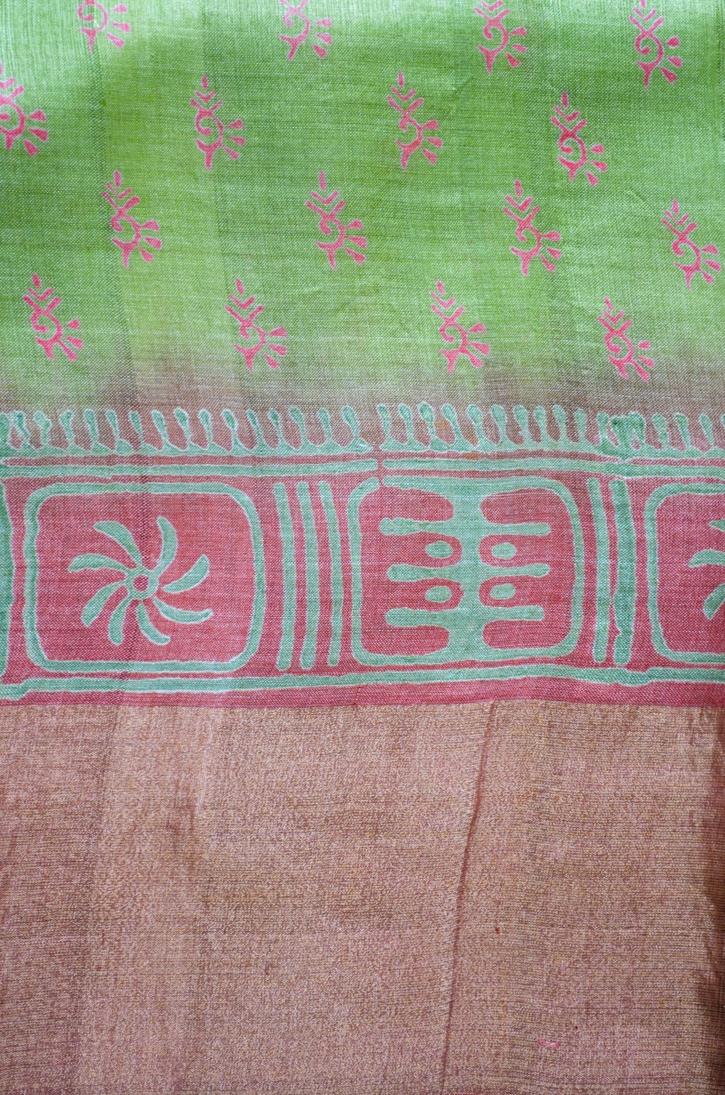 Olive Tussar Pure Silk Handloom Saree with Block Print