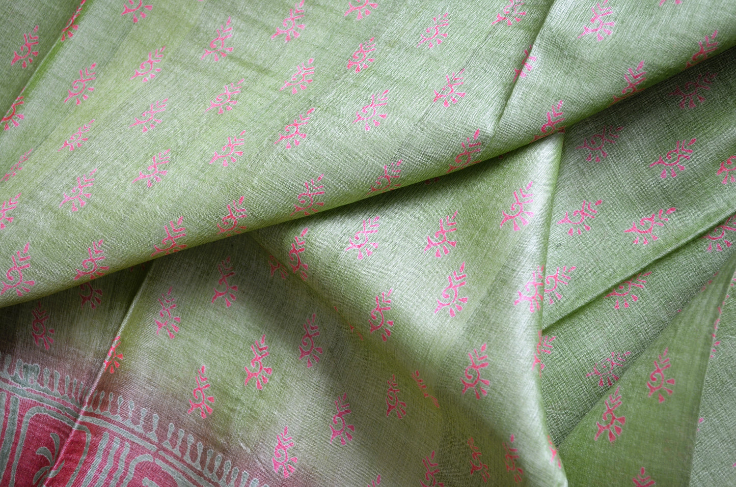 Olive Tussar Pure Silk Handloom Saree with Block Print