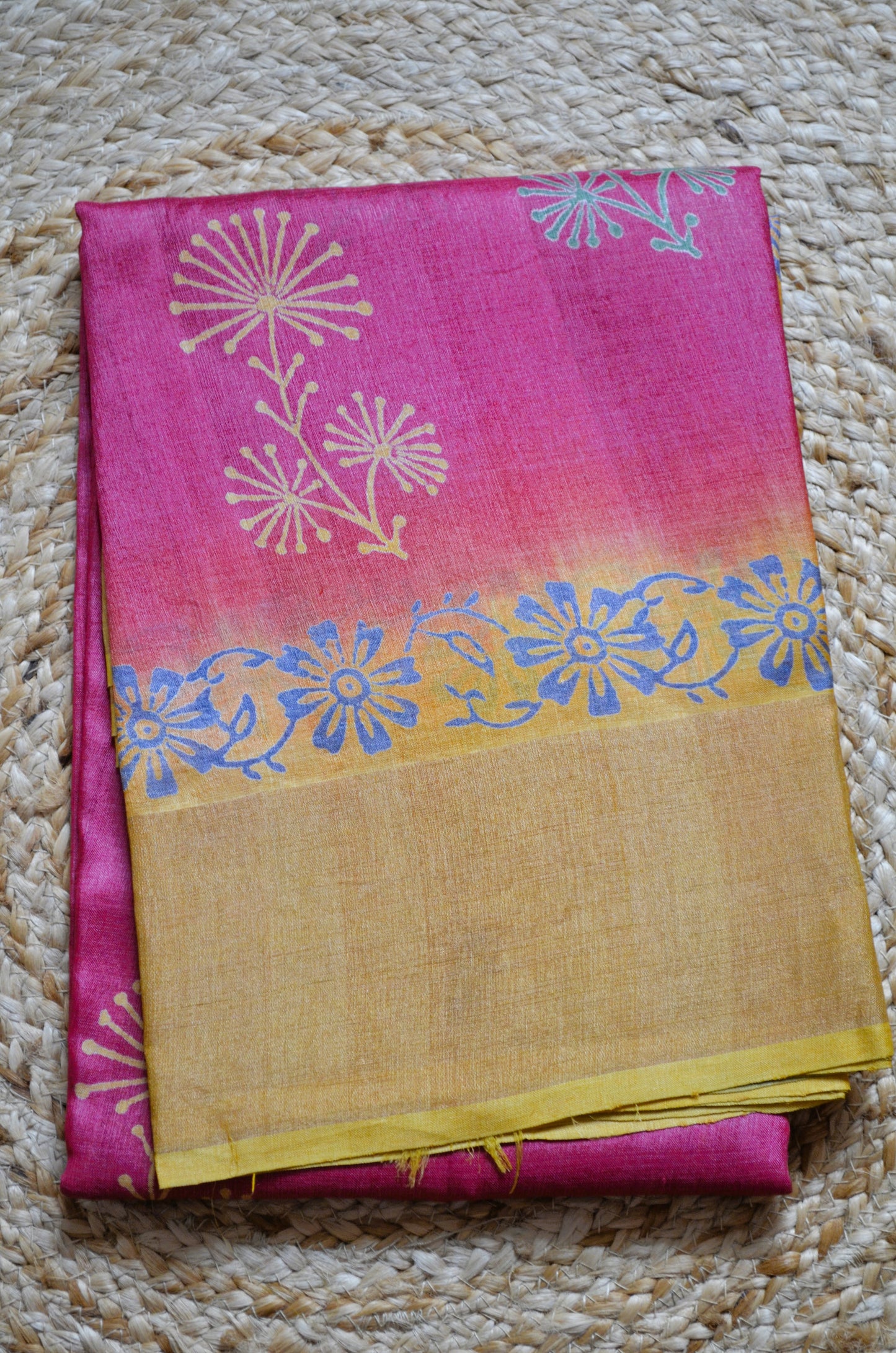 Magenta Yellow Tussar Pure Silk Handloom Saree with Block Print
