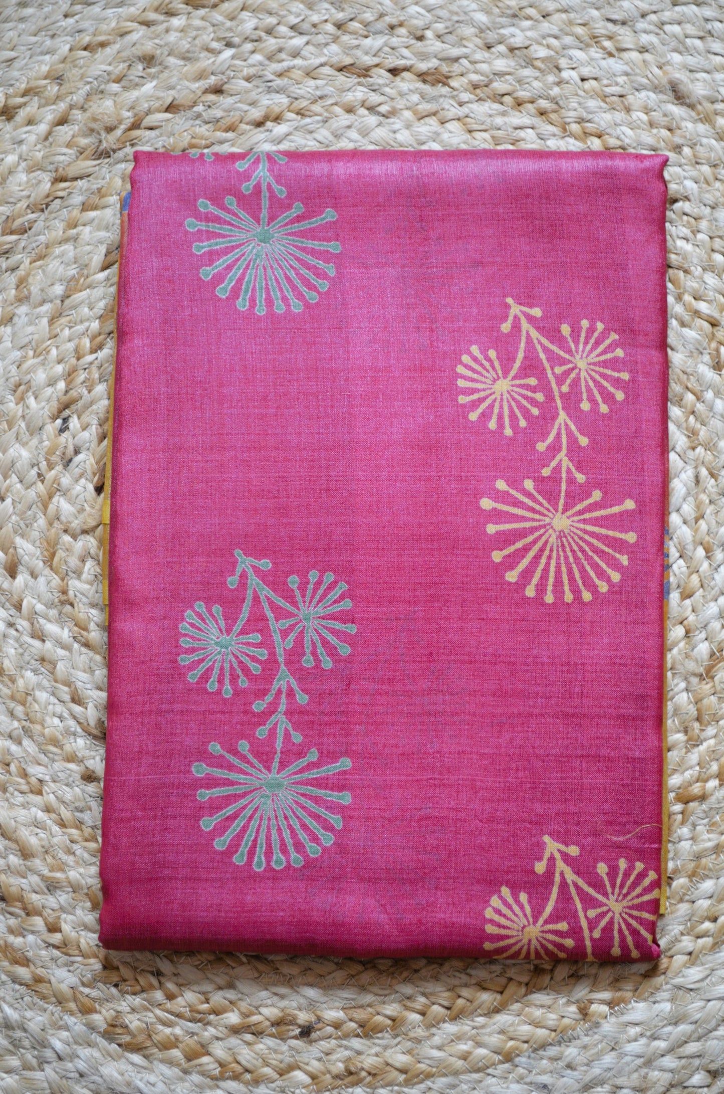 Magenta Yellow Tussar Pure Silk Handloom Saree with Block Print