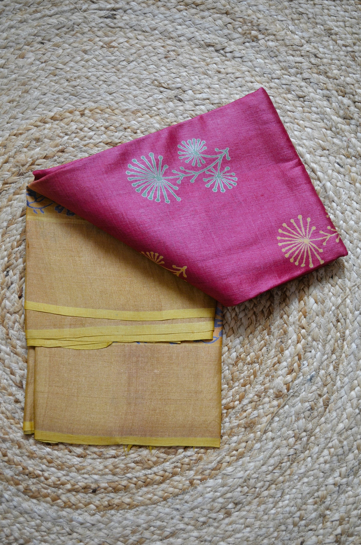 Magenta Yellow Tussar Pure Silk Handloom Saree with Block Print
