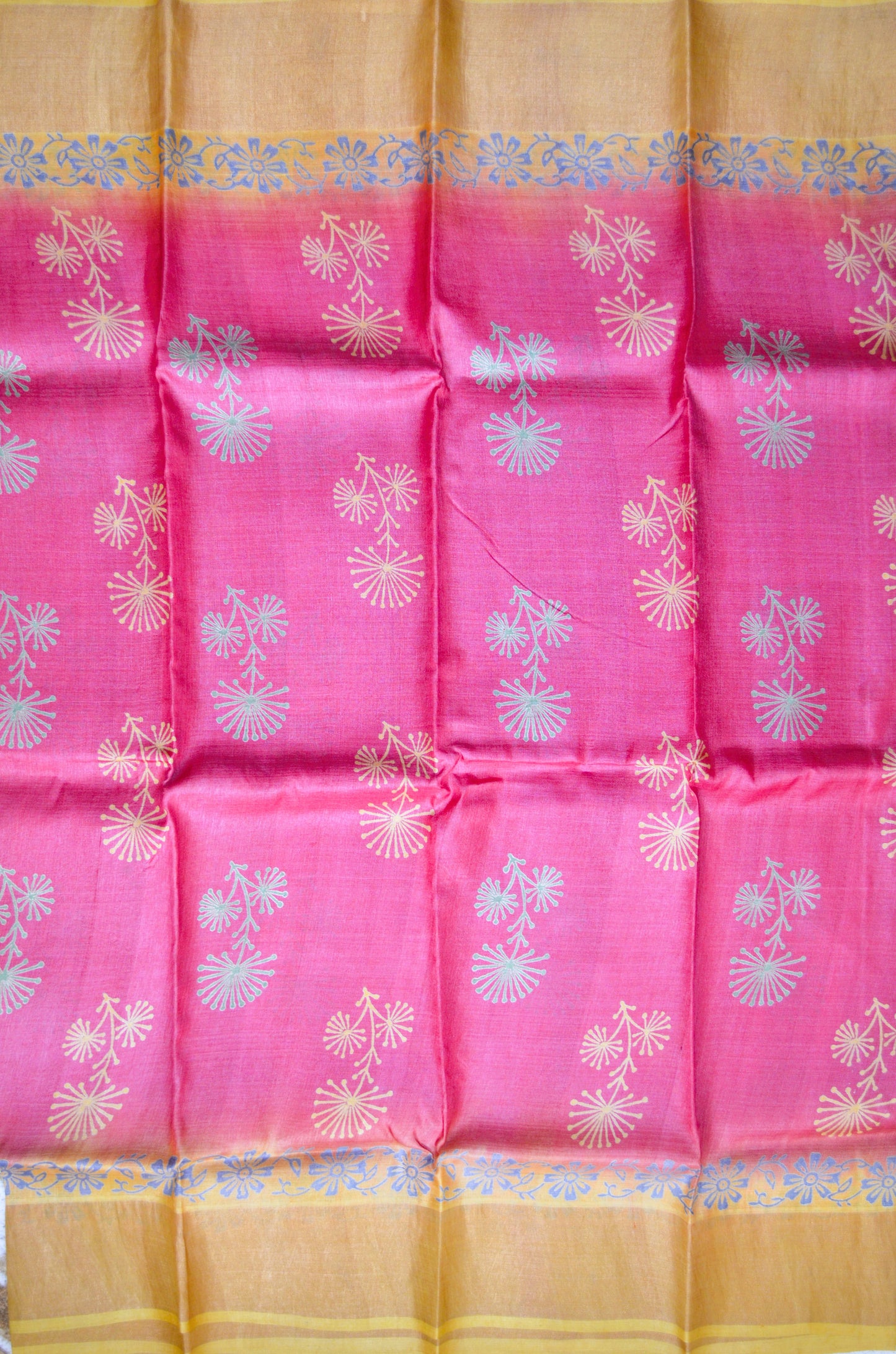 Magenta Yellow Tussar Pure Silk Handloom Saree with Block Print