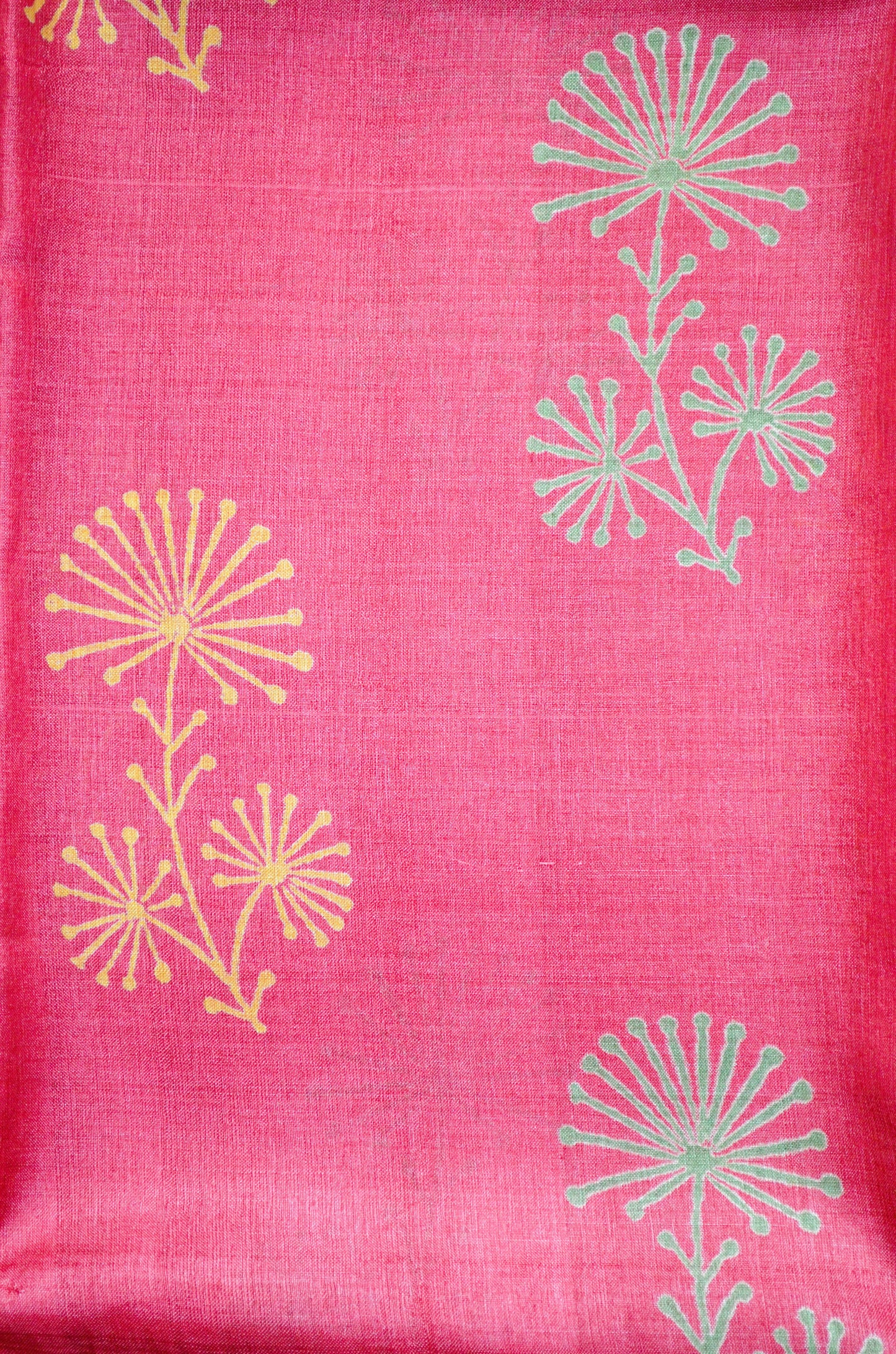 Magenta Yellow Tussar Pure Silk Handloom Saree with Block Print