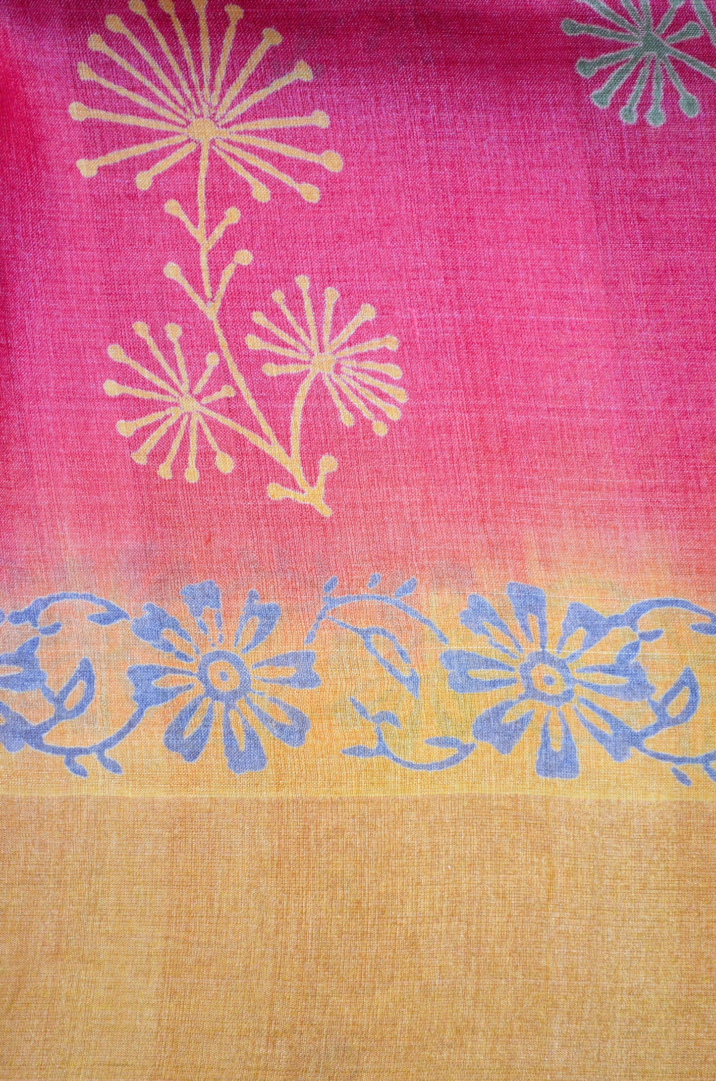 Magenta Yellow Tussar Pure Silk Handloom Saree with Block Print