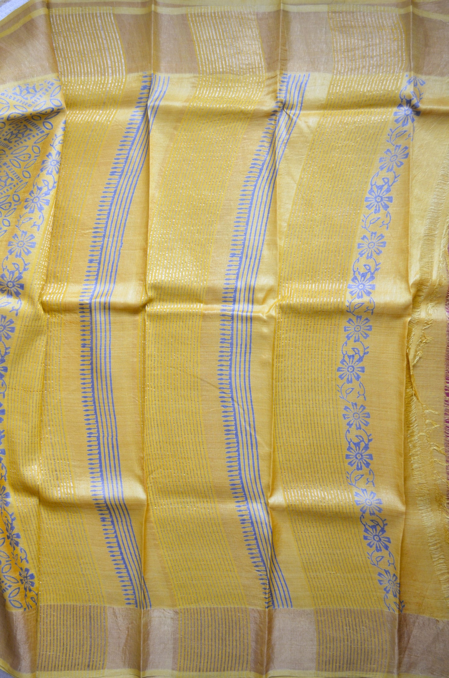 Magenta Yellow Tussar Pure Silk Handloom Saree with Block Print
