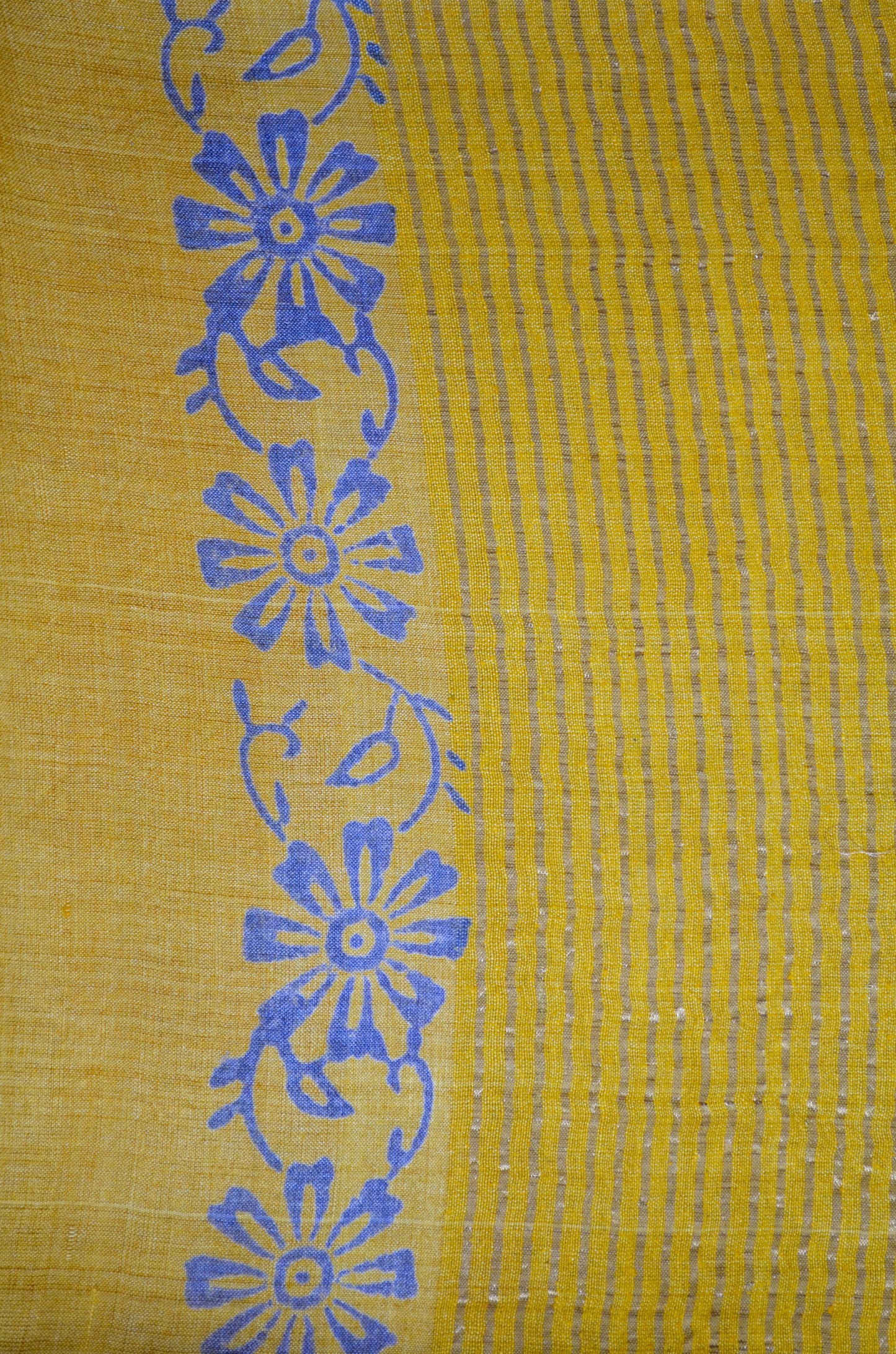 Magenta Yellow Tussar Pure Silk Handloom Saree with Block Print