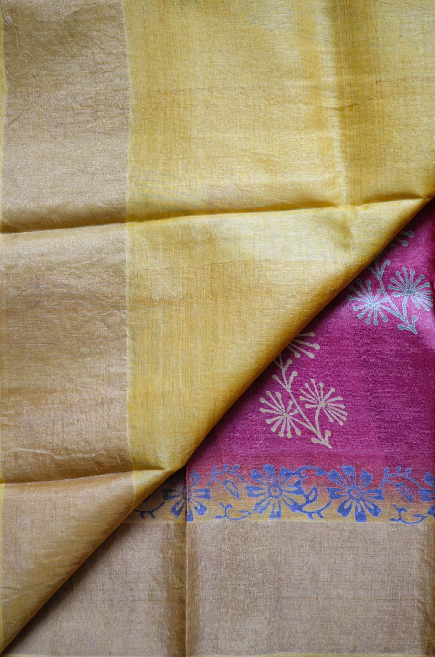Magenta Yellow Tussar Pure Silk Handloom Saree with Block Print