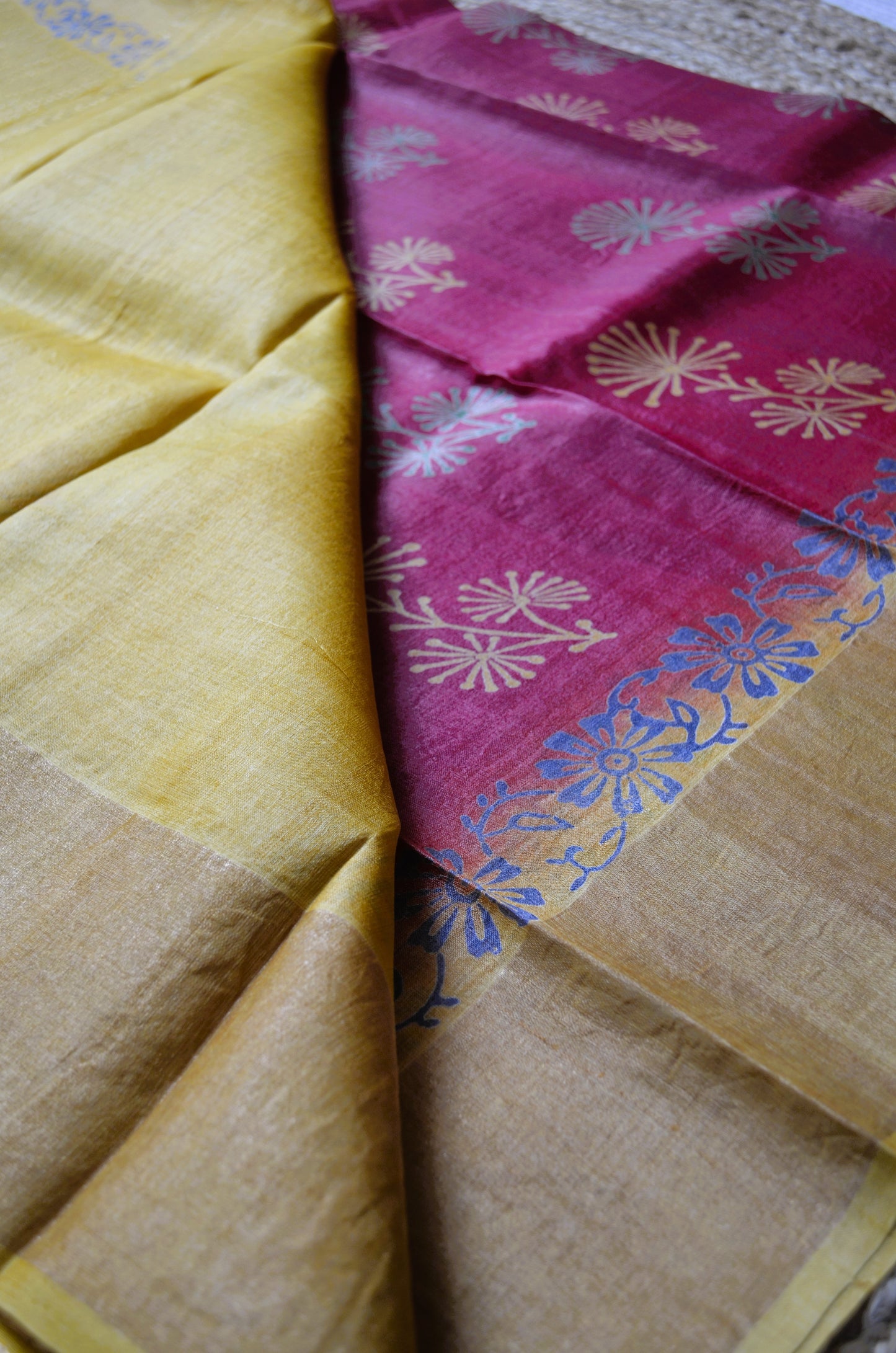 Magenta Yellow Tussar Pure Silk Handloom Saree with Block Print