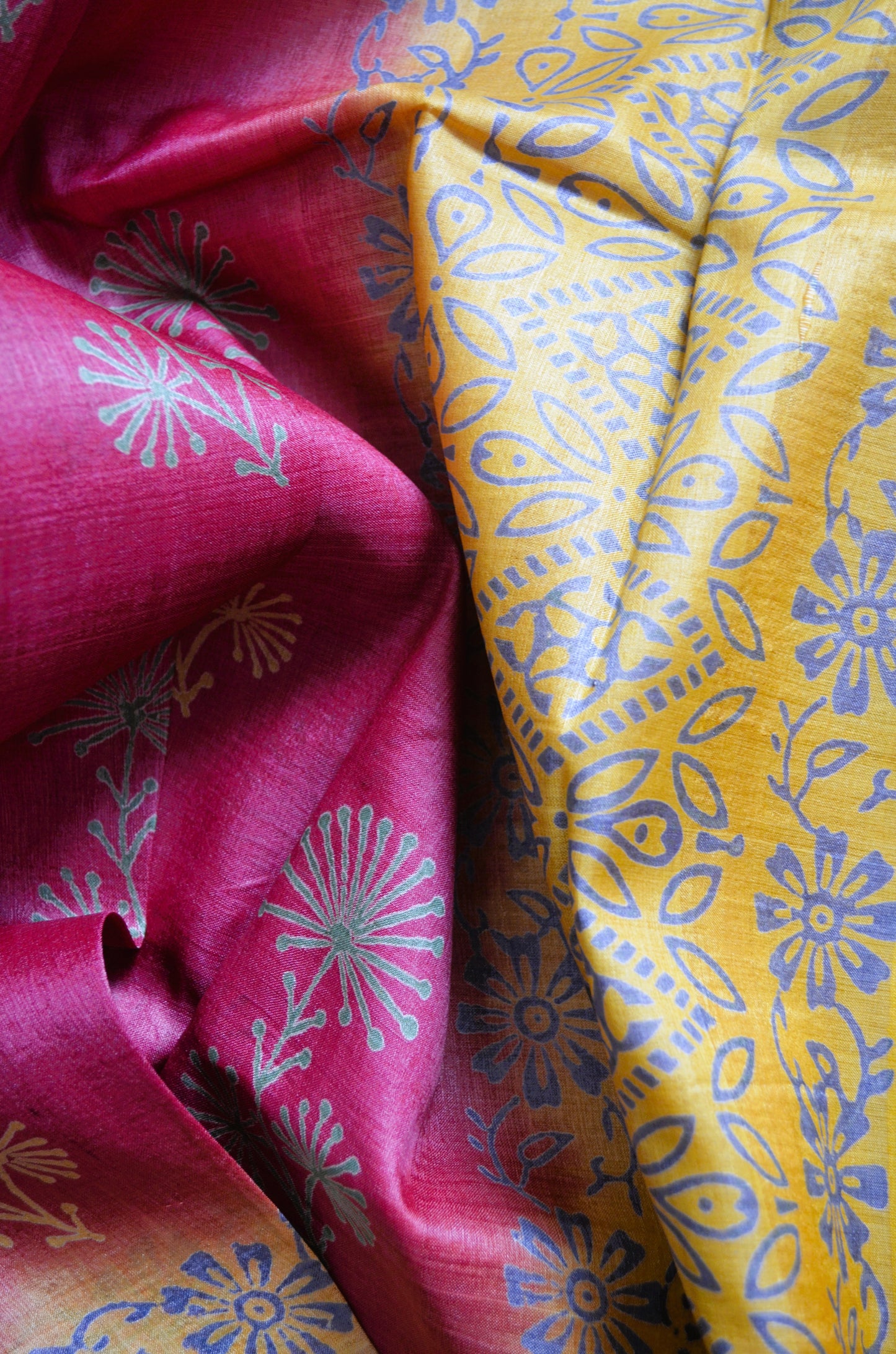 Magenta Yellow Tussar Pure Silk Handloom Saree with Block Print