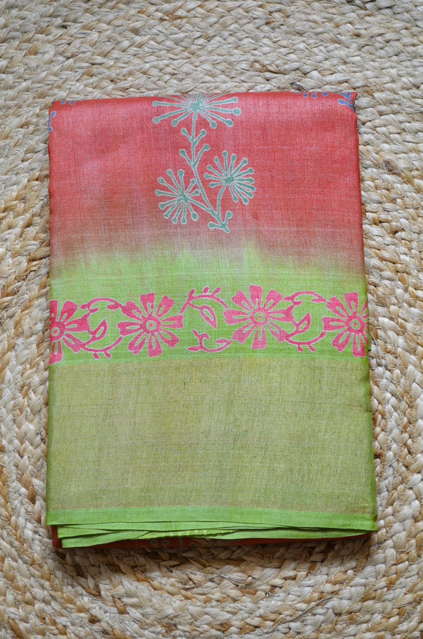 Rust Tussar Pure Silk Handloom Saree with Block Prints