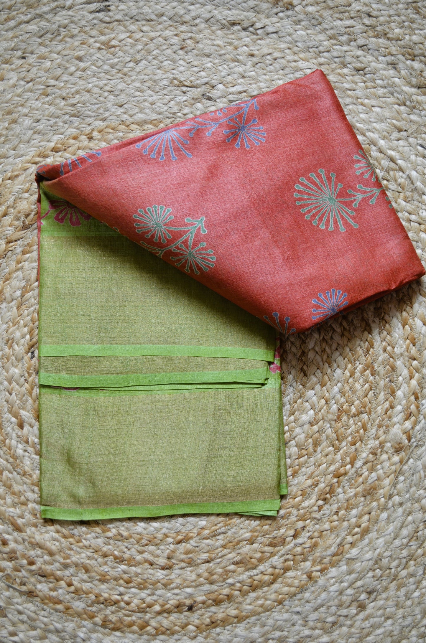 Rust Tussar Pure Silk Handloom Saree with Block Prints