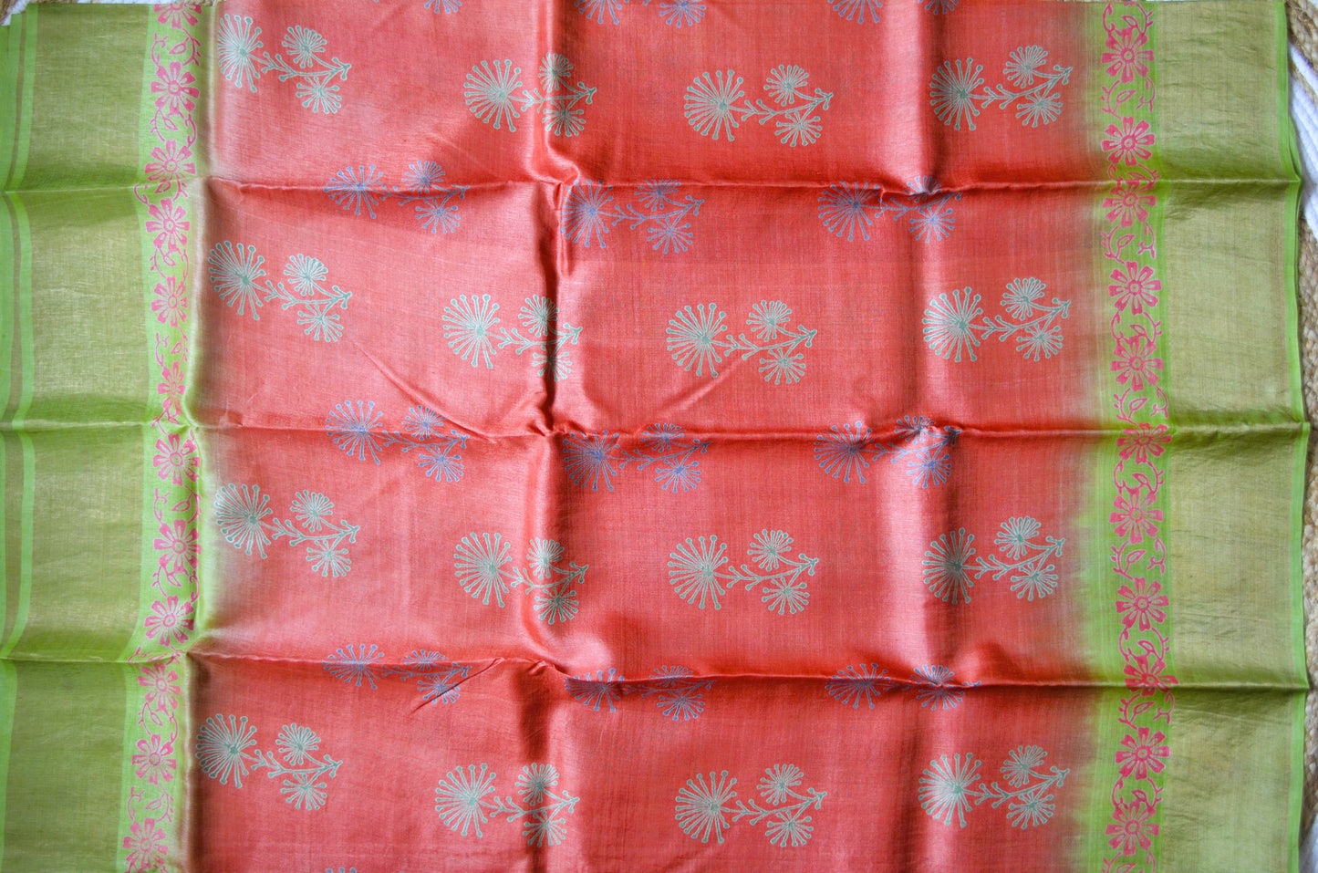 Rust Tussar Pure Silk Handloom Saree with Block Prints