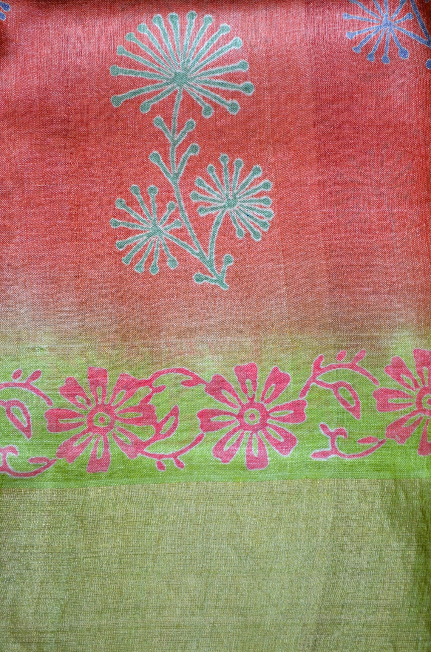 Rust Tussar Pure Silk Handloom Saree with Block Prints