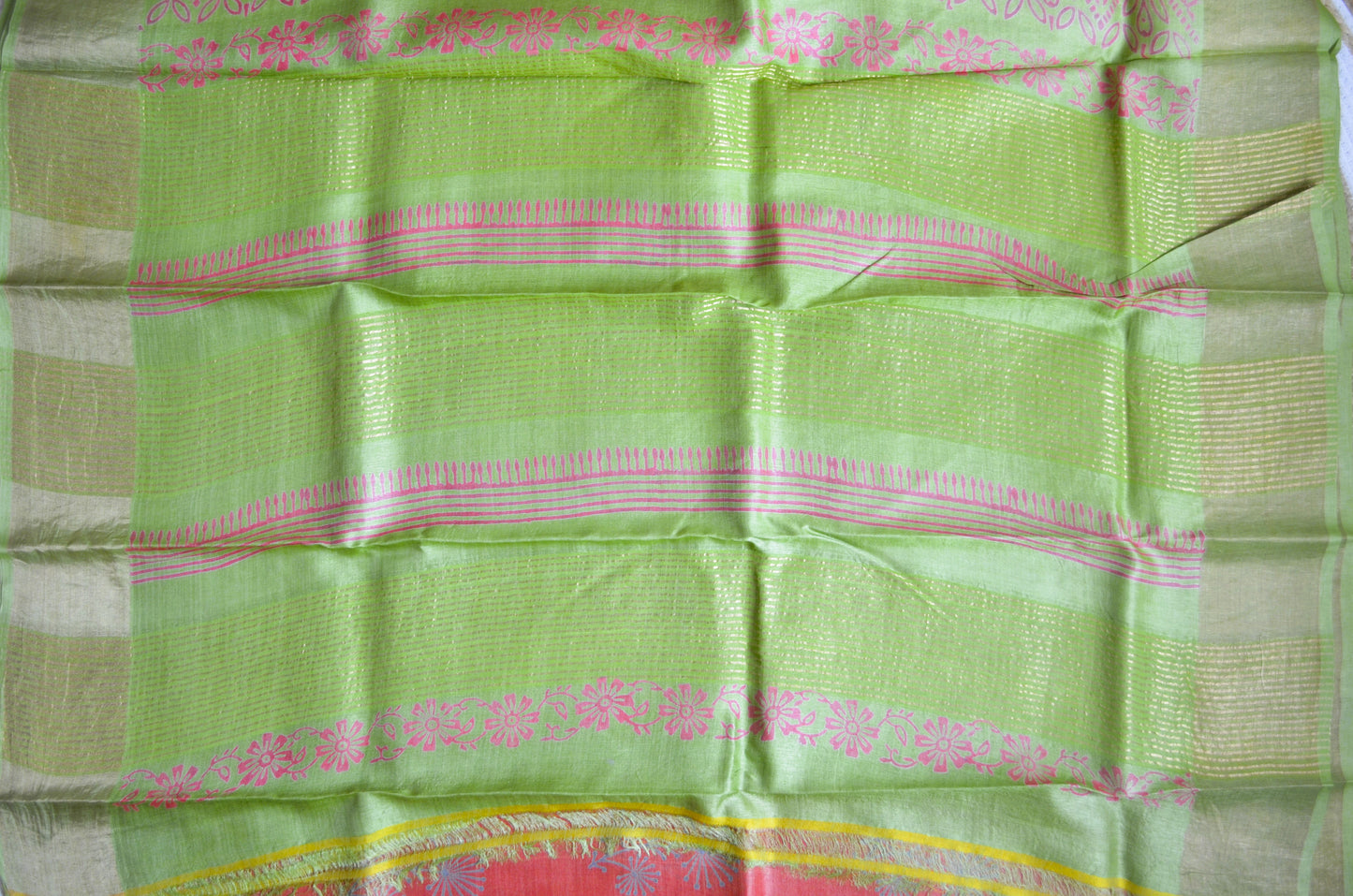 Rust Tussar Pure Silk Handloom Saree with Block Prints