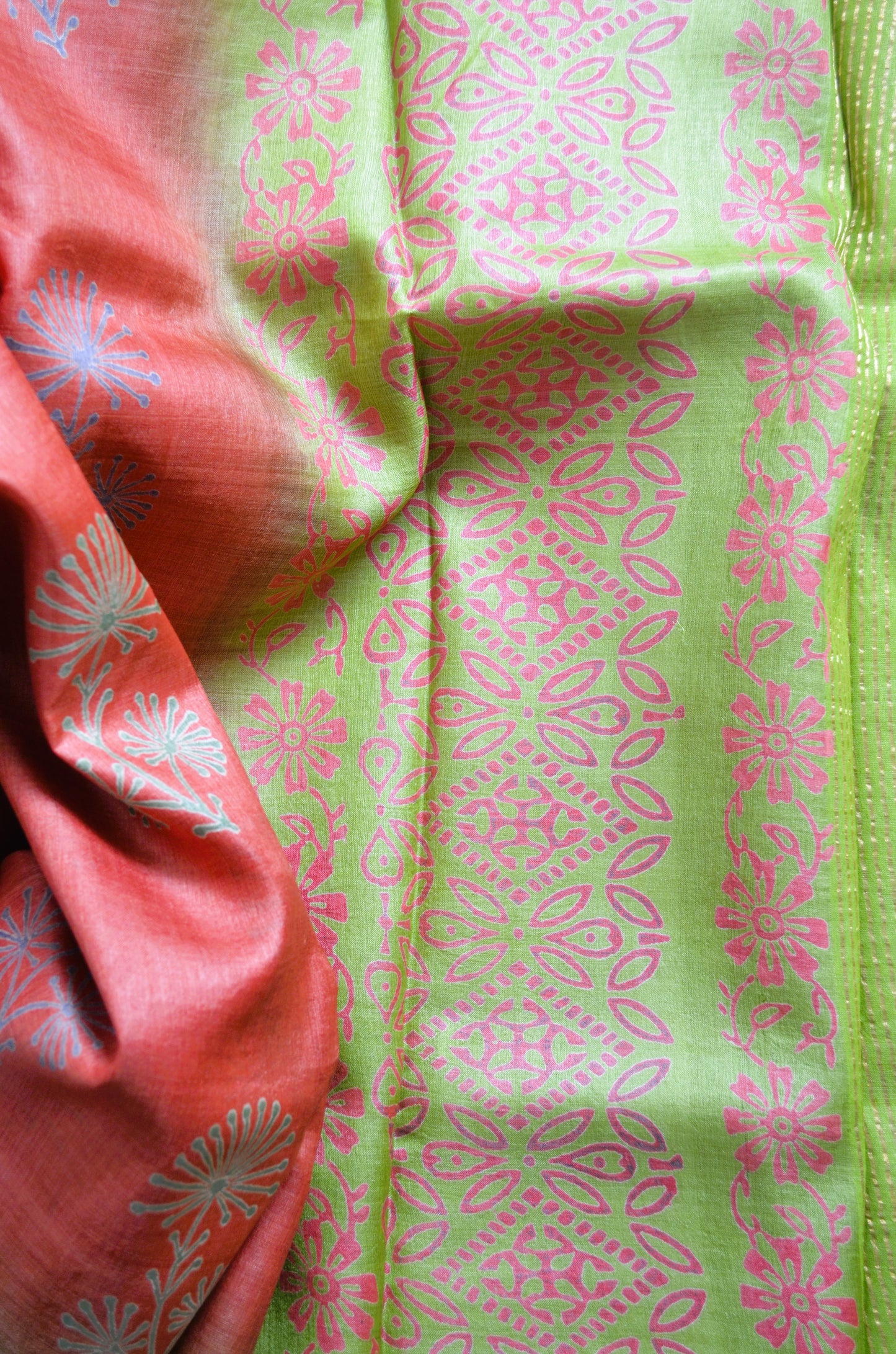 Rust Tussar Pure Silk Handloom Saree with Block Prints