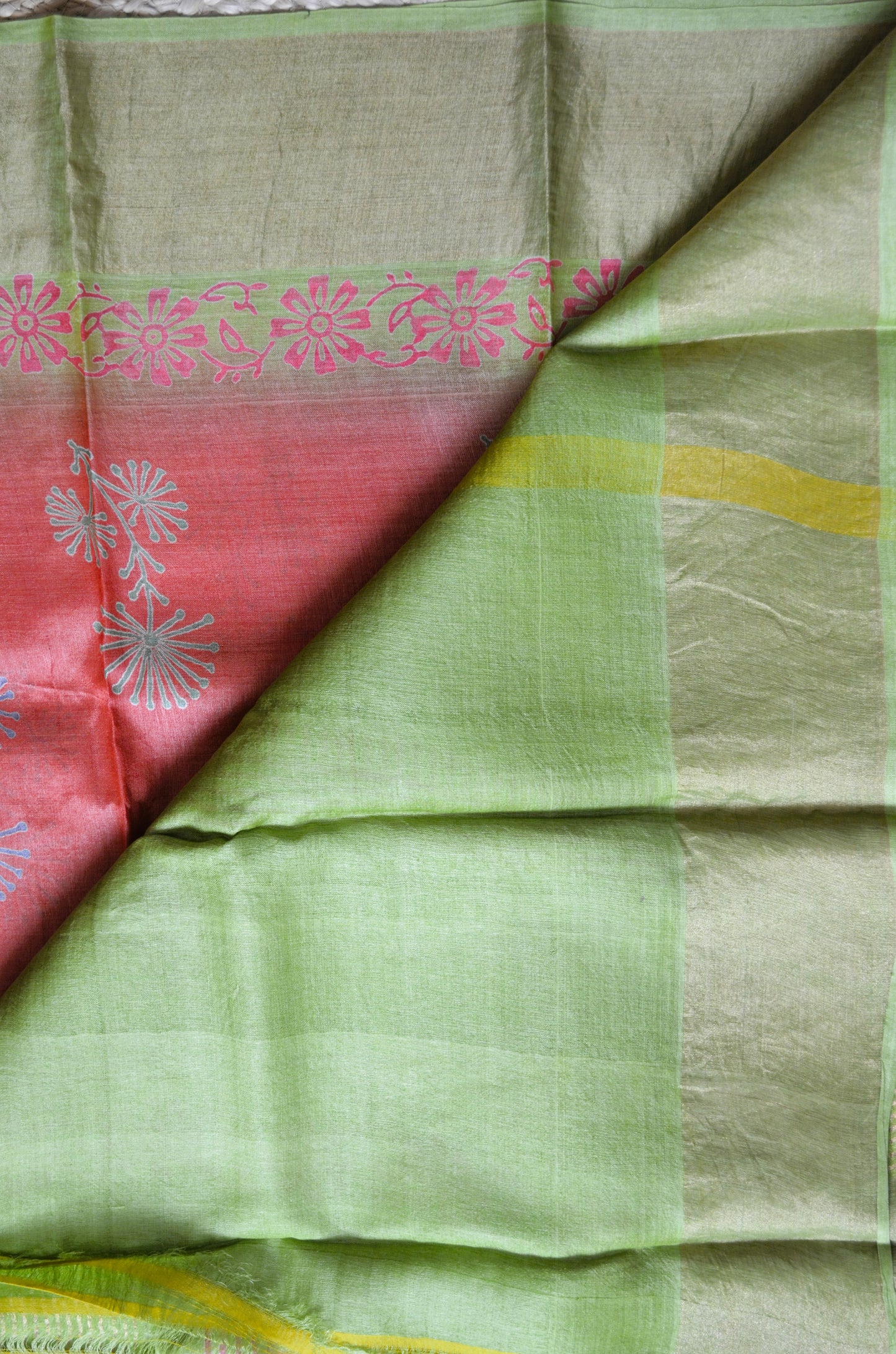 Rust Tussar Pure Silk Handloom Saree with Block Prints