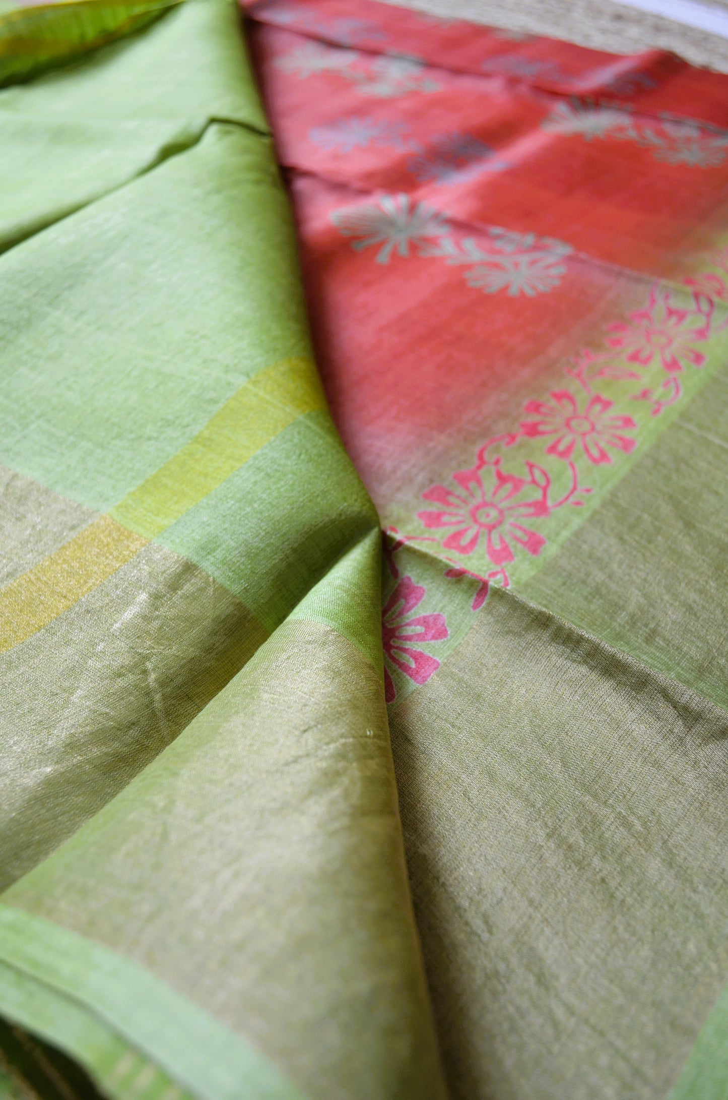 Rust Tussar Pure Silk Handloom Saree with Block Prints