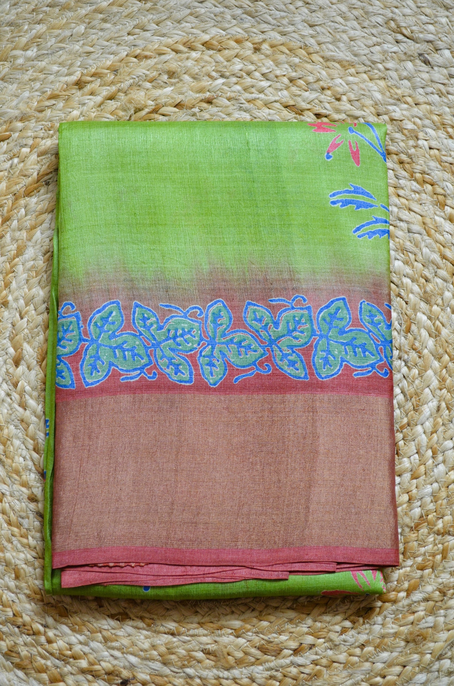 Olive Green Tussar Pure Silk Handloom Saree with Block Prints