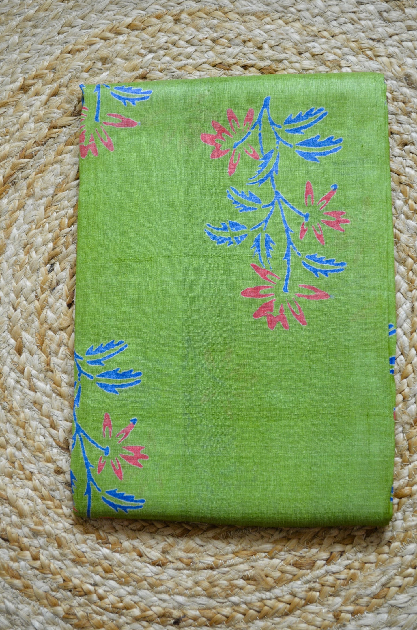 Olive Green Tussar Pure Silk Handloom Saree with Block Prints