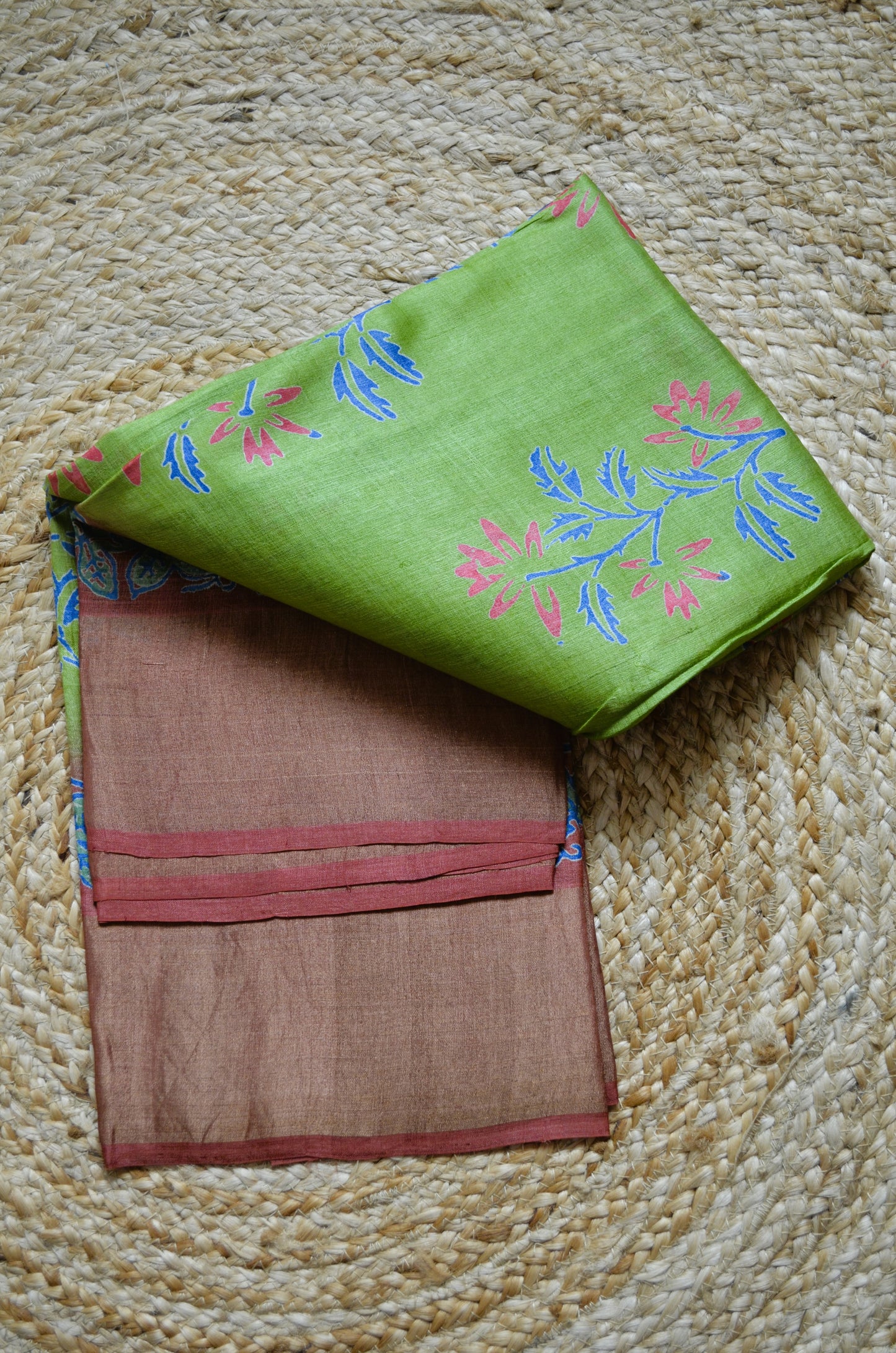 Olive Green Tussar Pure Silk Handloom Saree with Block Prints