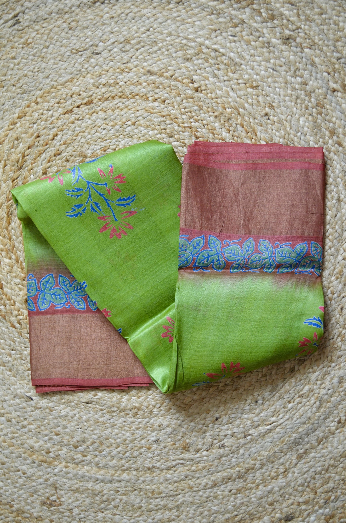 Olive Green Tussar Pure Silk Handloom Saree with Block Prints