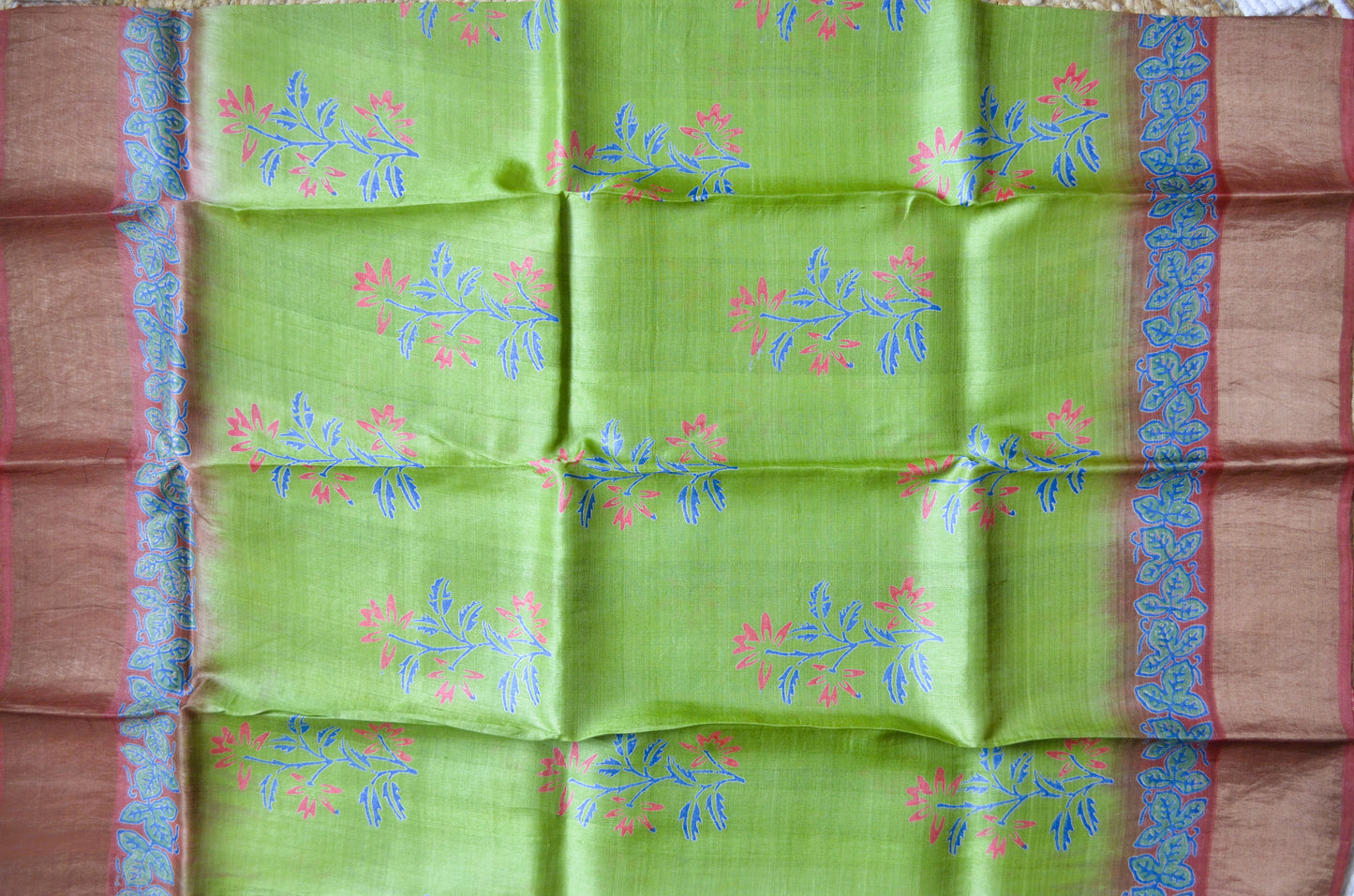 Olive Green Tussar Pure Silk Handloom Saree with Block Prints