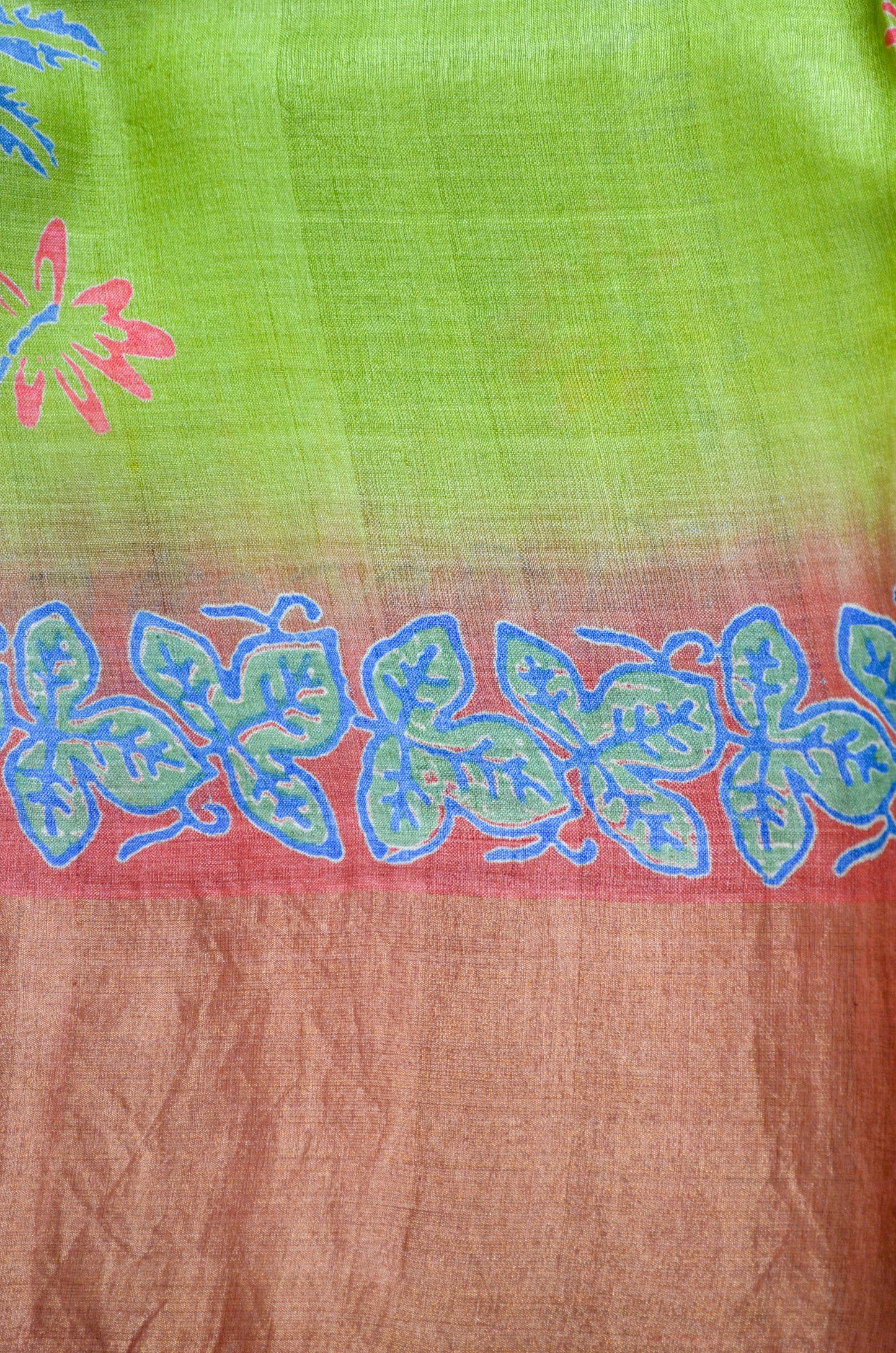 Olive Green Tussar Pure Silk Handloom Saree with Block Prints