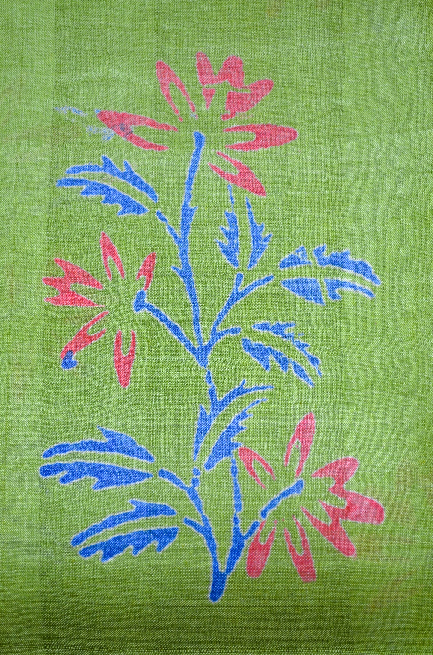 Olive Green Tussar Pure Silk Handloom Saree with Block Prints